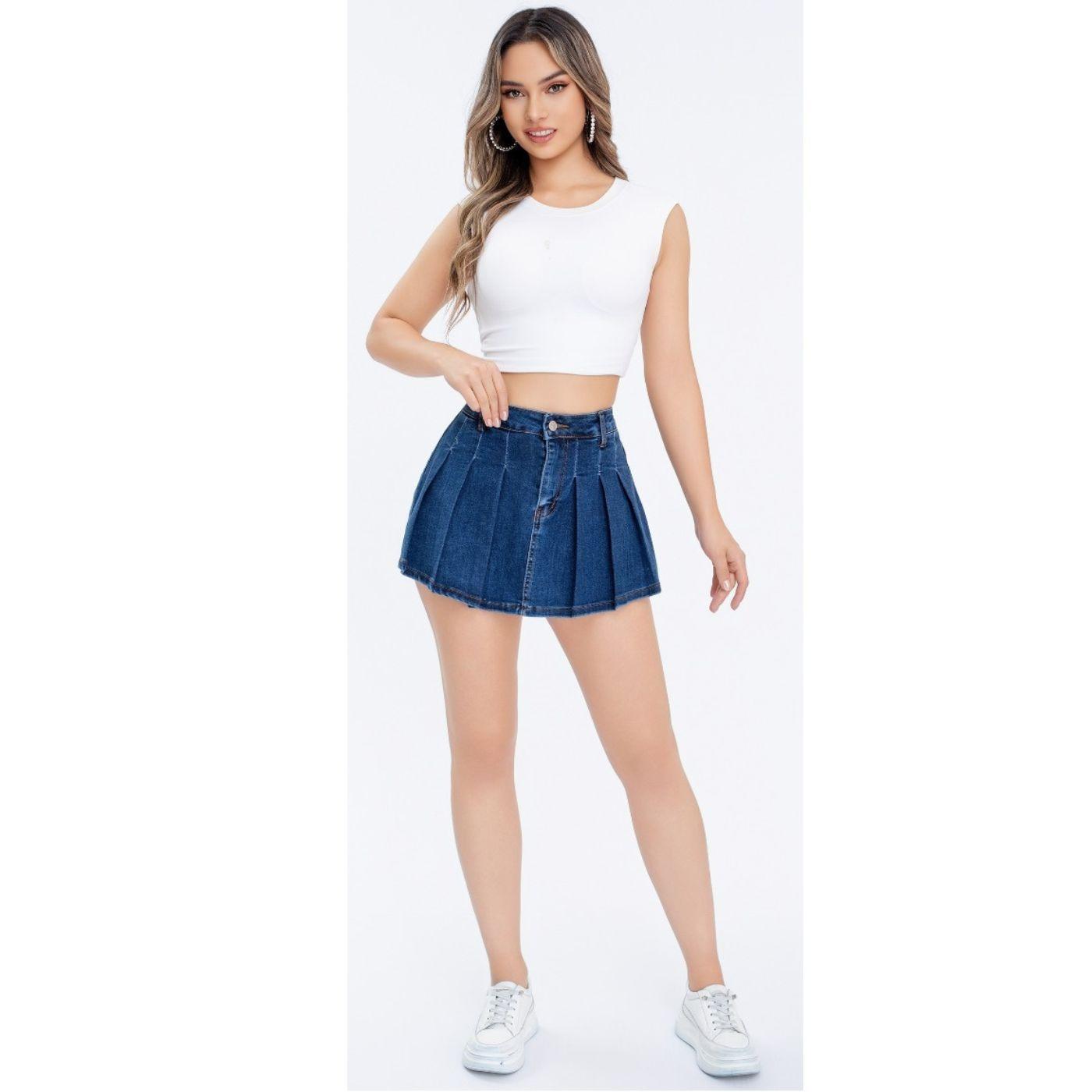 Short Tipo Mini Falda Juvenil Jeans Plisado Premium Elasticada 3018-2