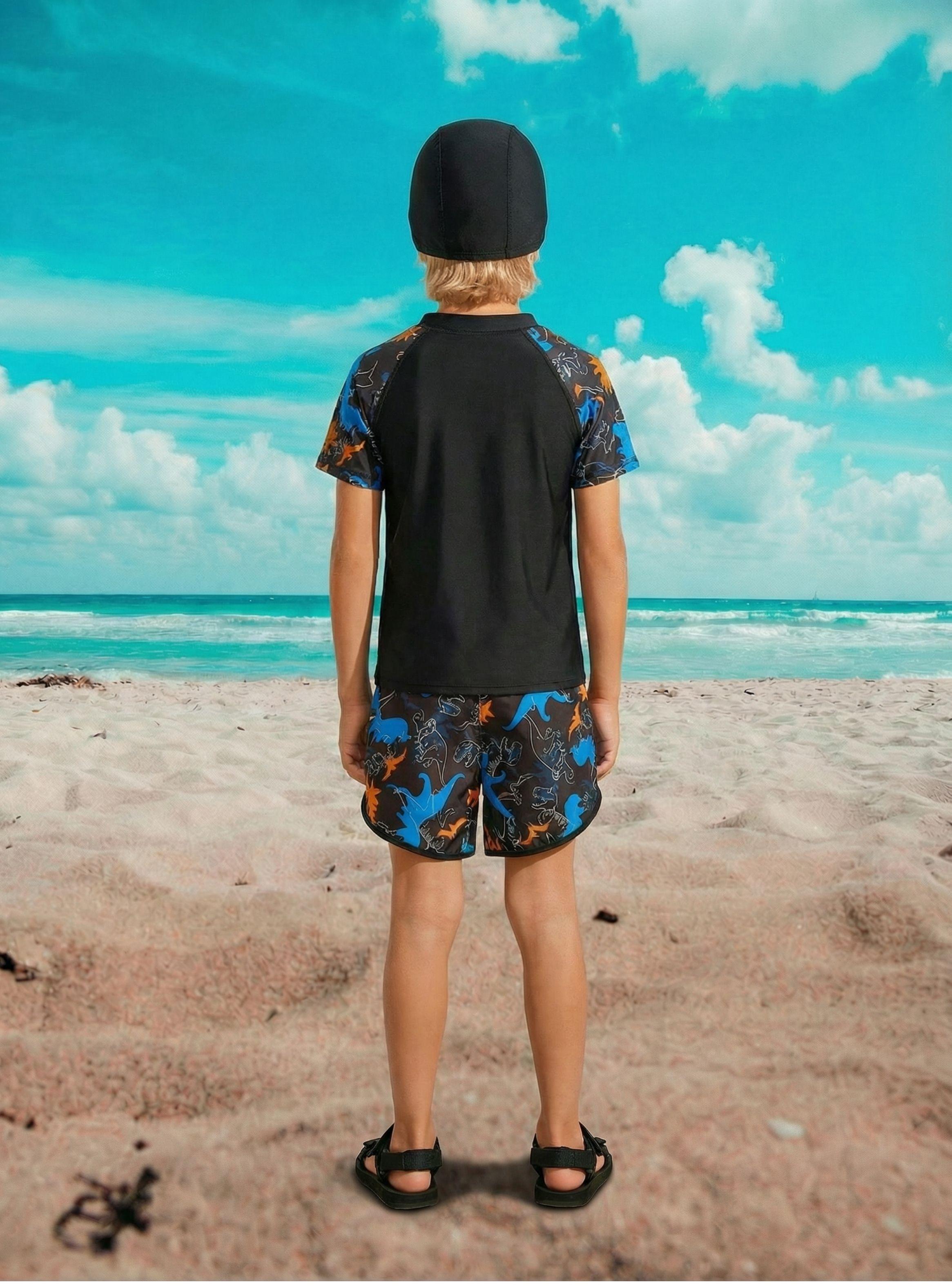 Conjunto De Baño Niños Short Polera Y Gorro Secado Rápido 8003-3