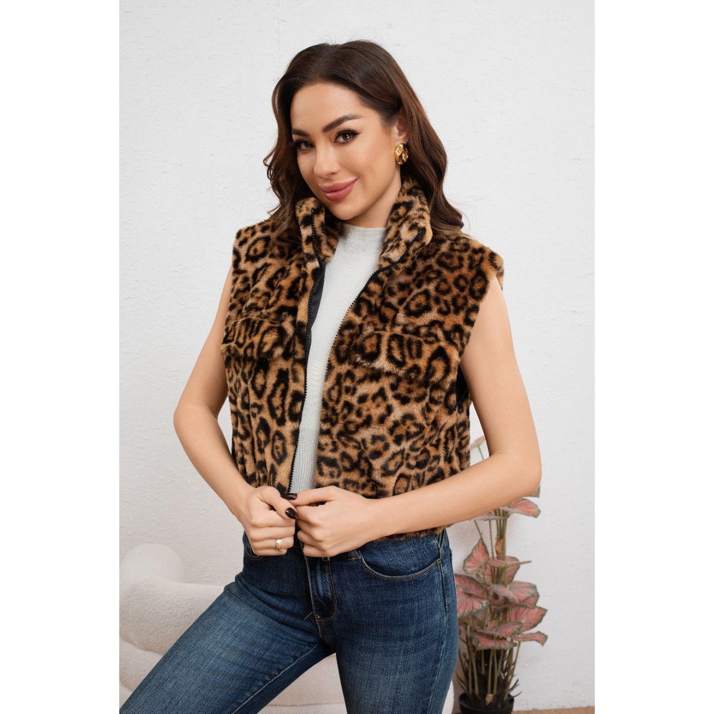 Chaqueta Corta Mujer Sin Mangas Peluda Animal Print 6097-2