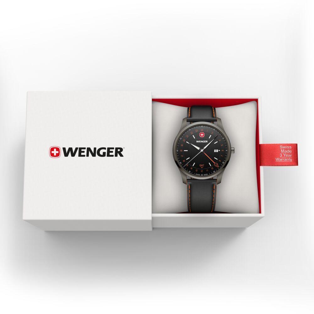 Reloj City GMT 42 correa cuero negro/naranjo Wenger-2