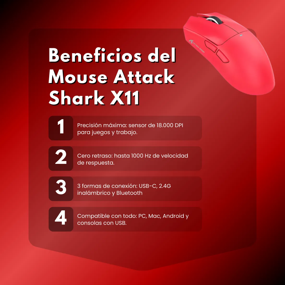 Ratón Gamer Attack Shark X11 Tri Mode 22000 Dpi Paw3311 Rojo-3