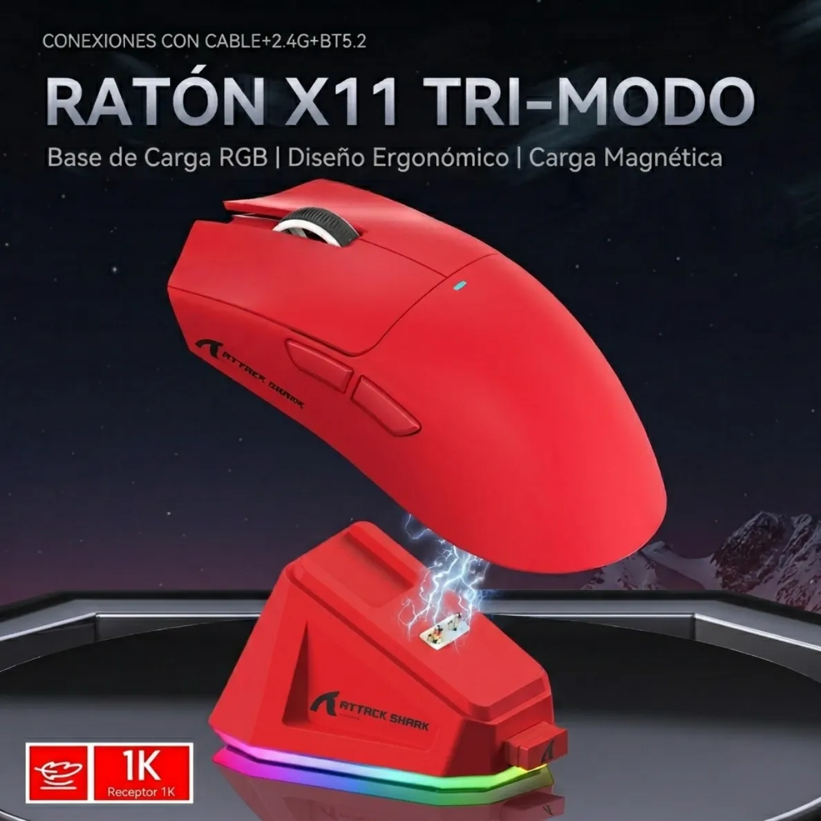 Ratón Gamer Attack Shark X11 Tri Mode 22000 Dpi Paw3311 Rojo-4