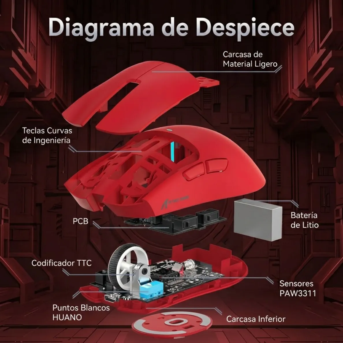Ratón Gamer Attack Shark X11 Tri Mode 22000 Dpi Paw3311 Rojo-7