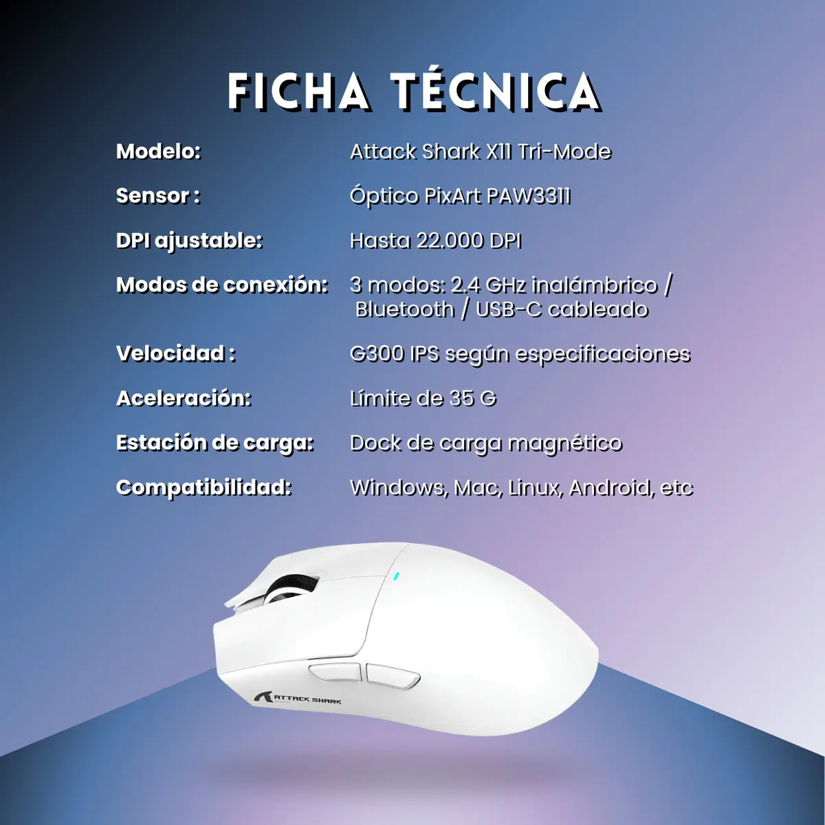 Mouse Raton Inalambrico Bluetooth Attack Shark X11 Blanco-3