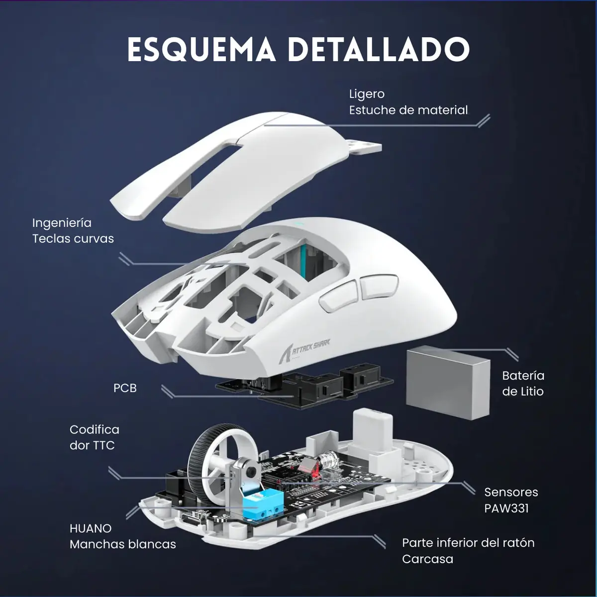Mouse Raton Inalambrico Bluetooth Attack Shark X11 Blanco-4