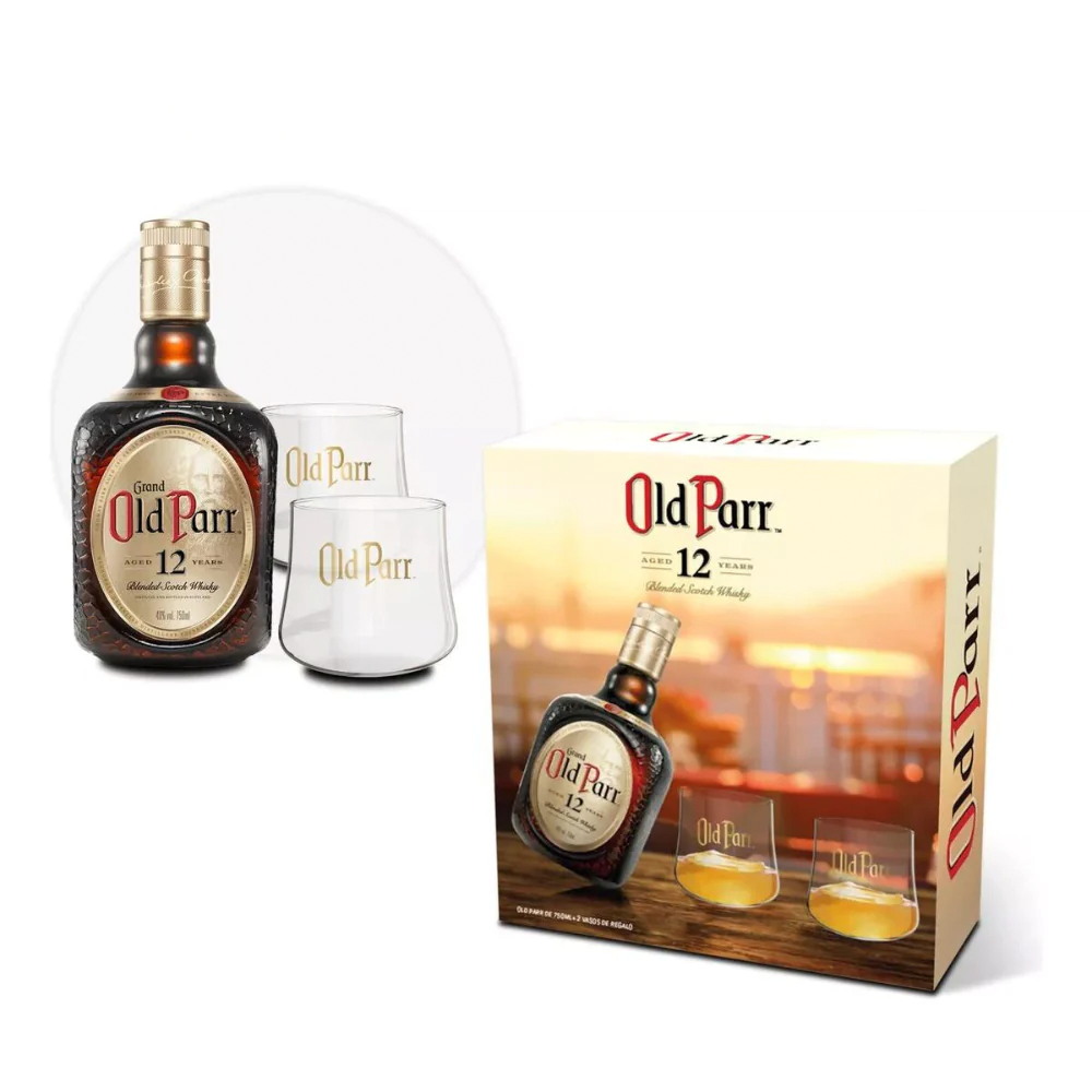 Pack Whisky Old Parr 12 Años Botella 750ml + 2 Vasos-1