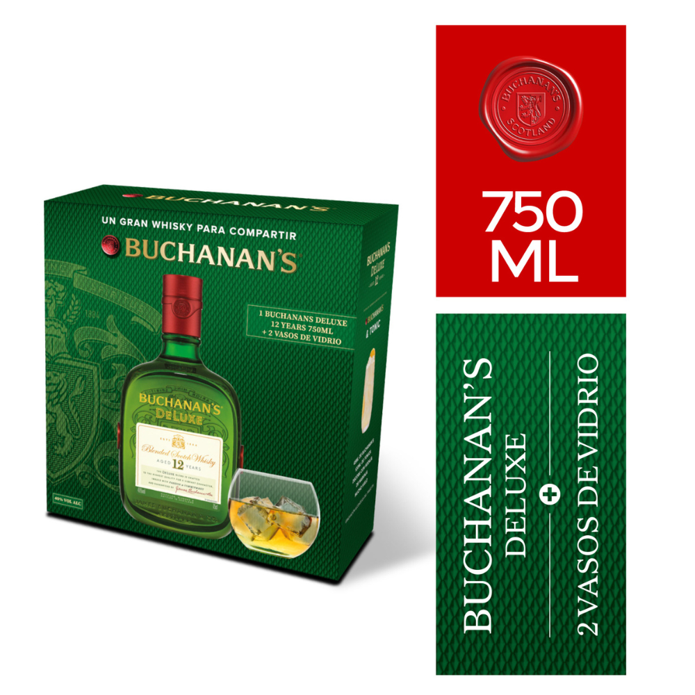 Pack Whisky Buchanans 12 Años 750ml + 2 Vasos-1