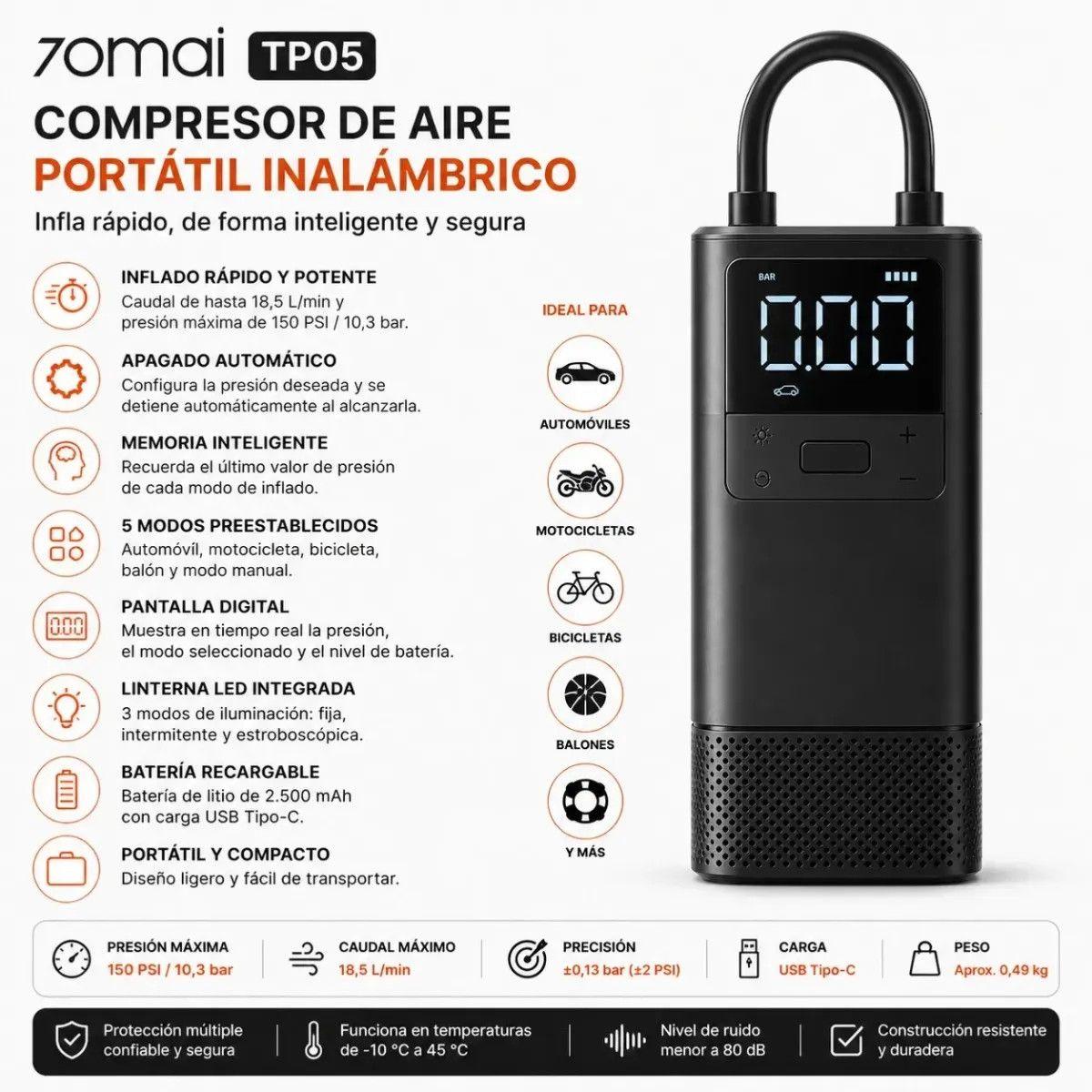 70mai TP05 Compresor de Aire Inalámbrico Portátil 150 PSI con Batería de 2.500 mAh-5