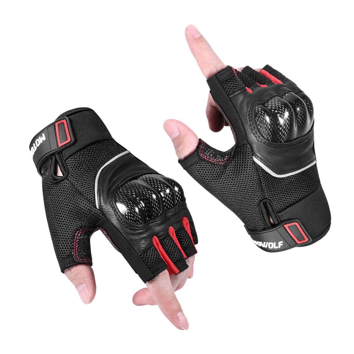 Guantes medio dedo para moto Motowolf 0327- Negro - Rojo-2