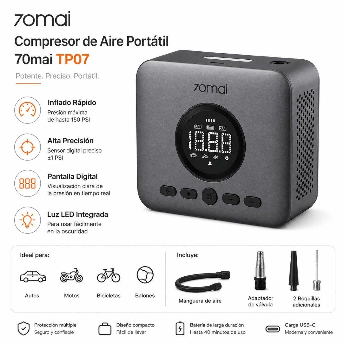 Compresor Inalámbrico 70mai TP07 150 PSI 12 L/min Batería Recargable 2.600 mAh USB-C-4