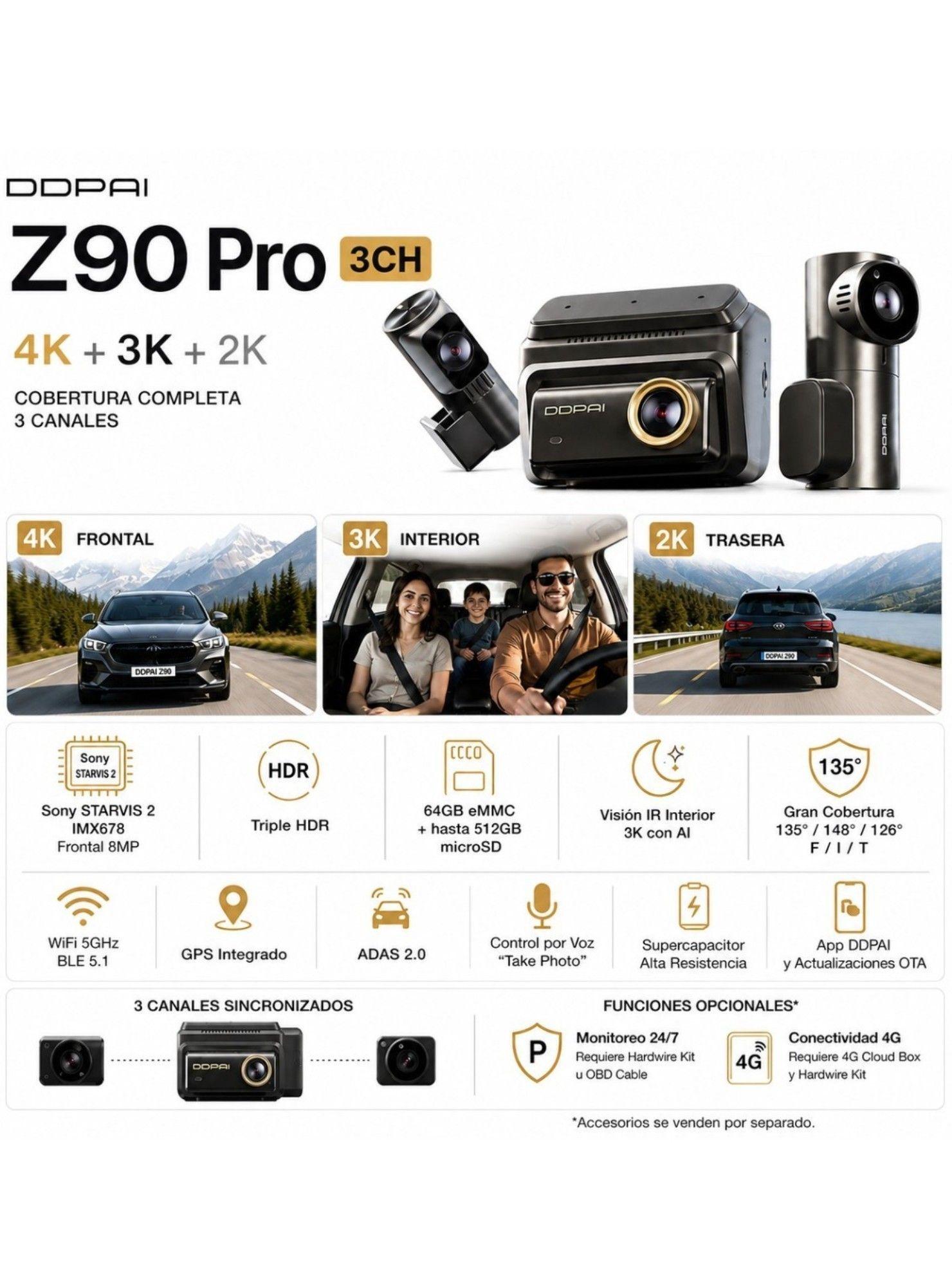 Cámara Para Vehículo DDPAI Z90 Pro 3CH 4K/3K/2K Sony STARVIS 2 HDR GPS WiFi 5GHz 64gb eMMC-4