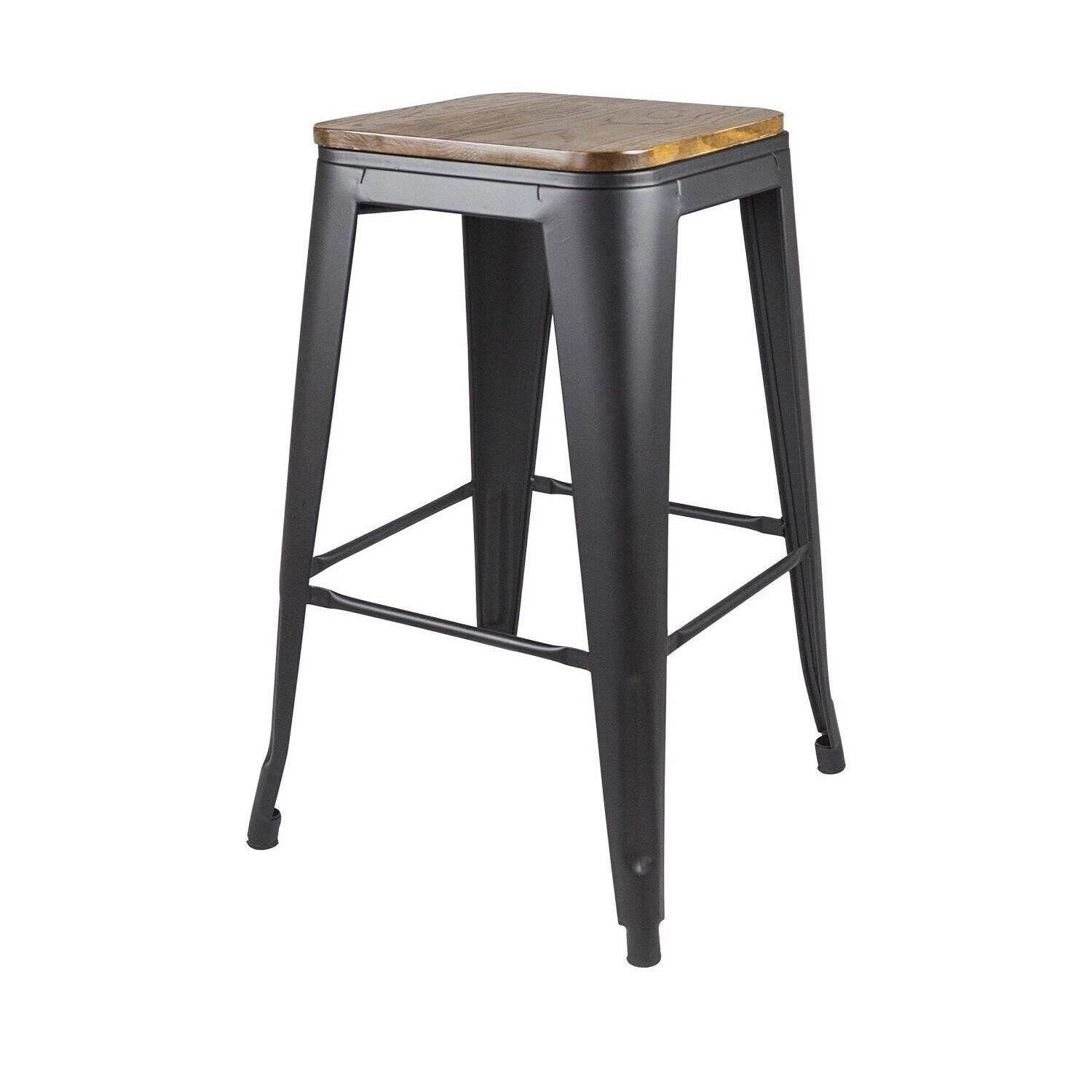 Taburete Piso Metal Tolix asiento madera Comedor Bar LF5-03W 66cm - Negro-0
