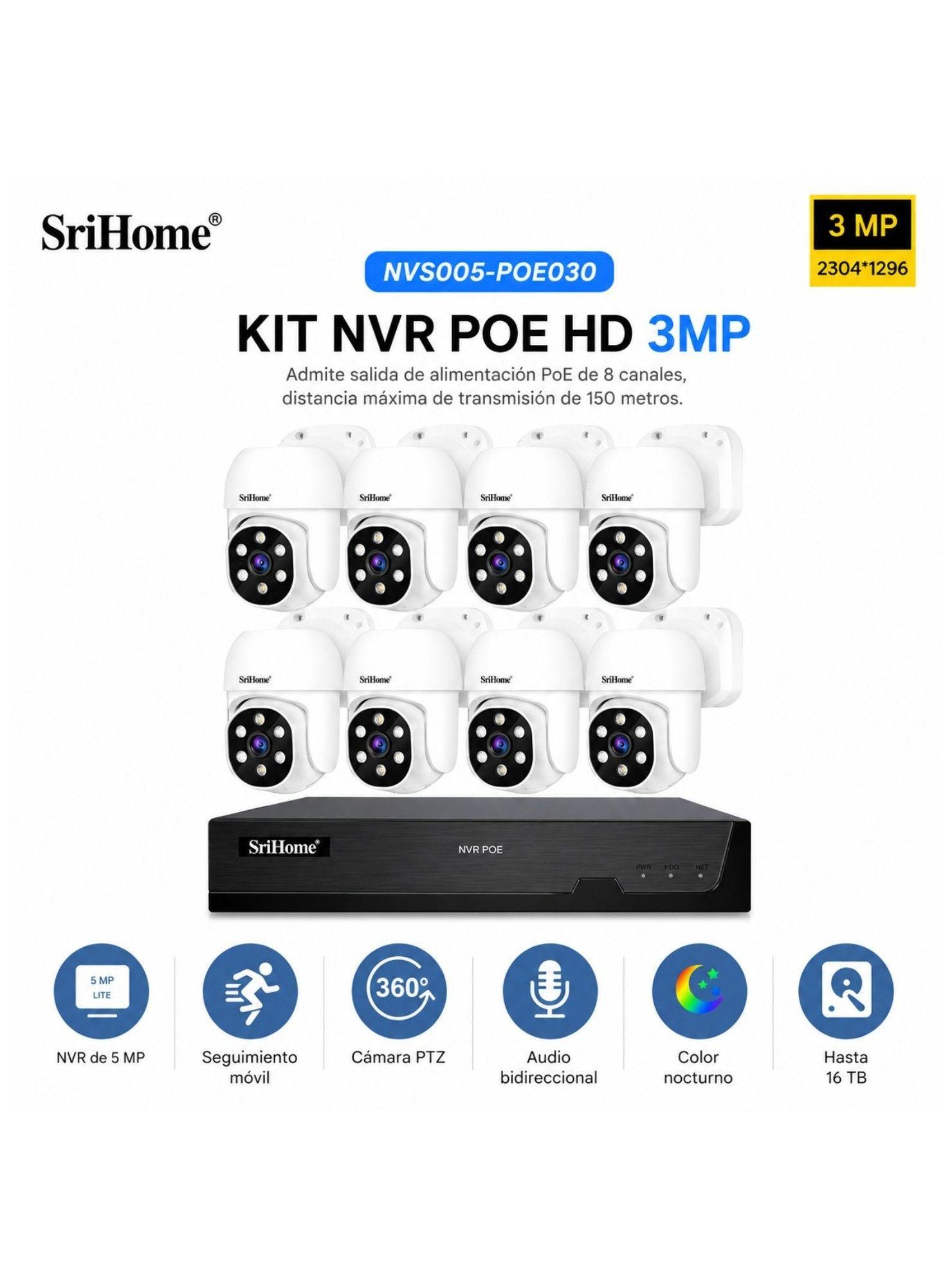Kit NVR POE SriHome NVS005 8CH + 8 Cámaras POE030-4