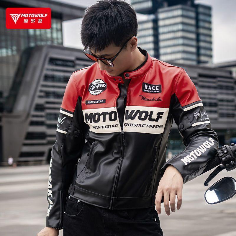 Chaqueta Moto Hombre Cuero PU Invierno Con Protección CE Motowolf-6