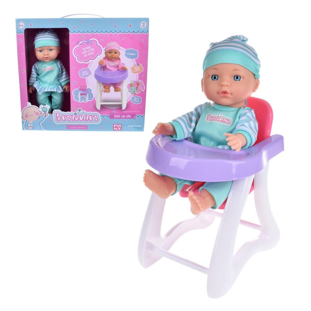 MUÑECA BEBE 30 CMS CON SILLA DE COMER BOSTECITOS-1