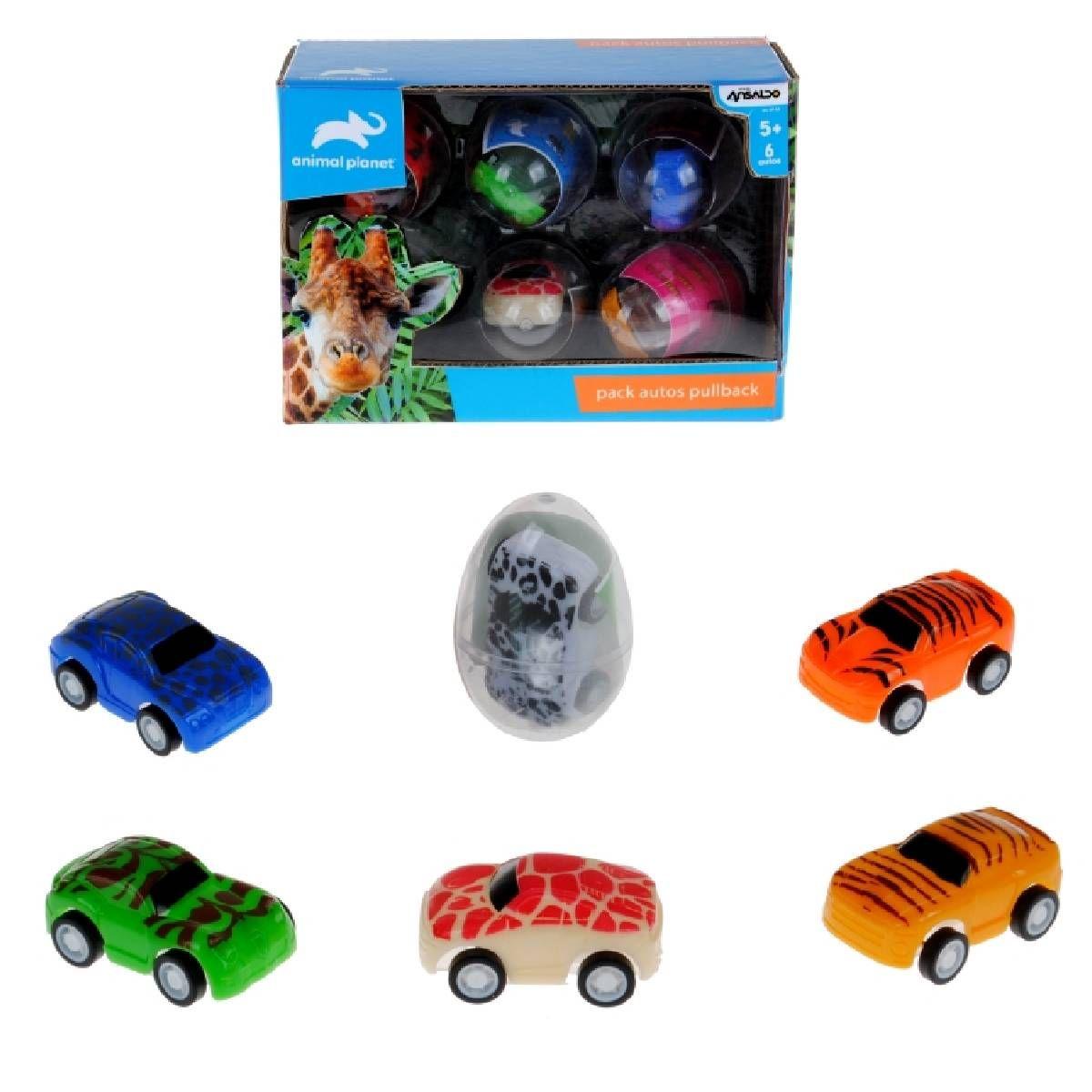 Pack 6 Autos Pullback Con Stickers En Huevo Animal-0