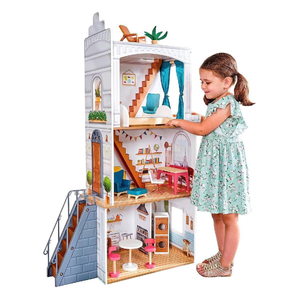 Casa Muñecas Rowan De Madera De 3 Pisos, 3 Piezas-0