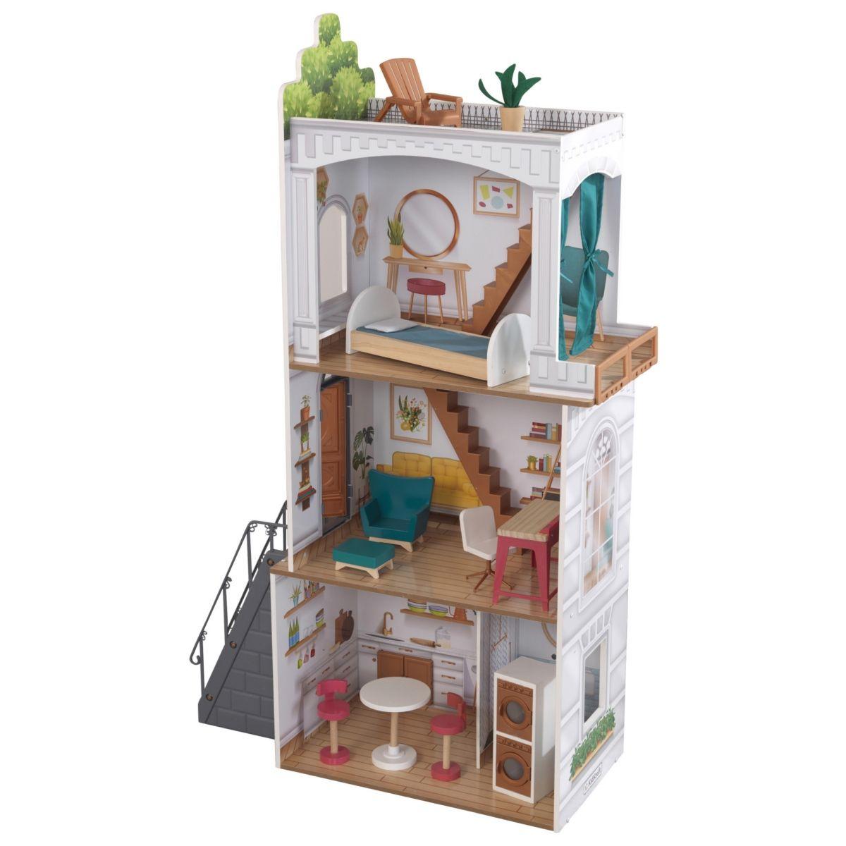 Casa Muñecas Rowan De Madera De 3 Pisos, 3 Piezas-1