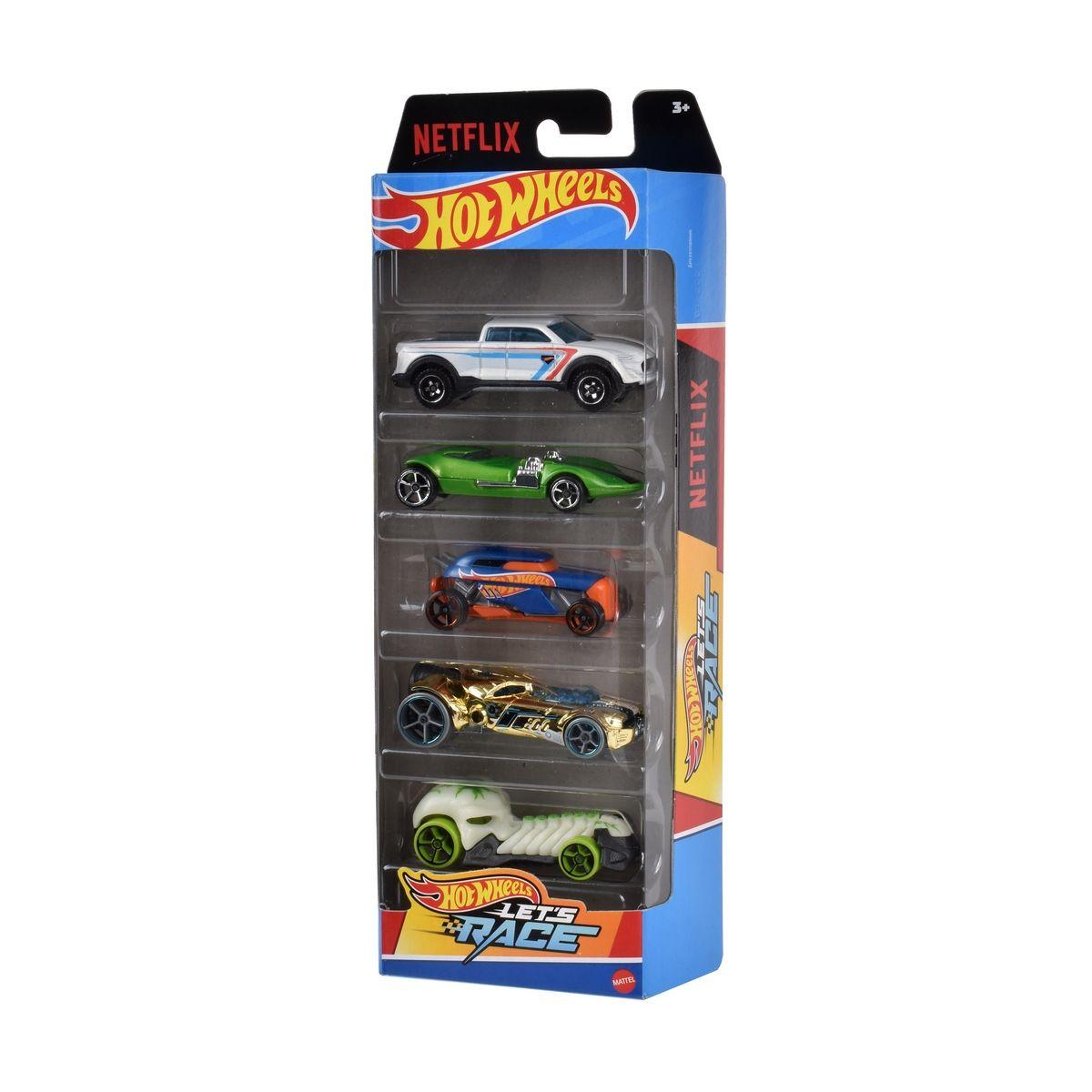 PACK 5 AUTOS BASICOS HOTWHEELS - LETS RACE/NETFLIX-0