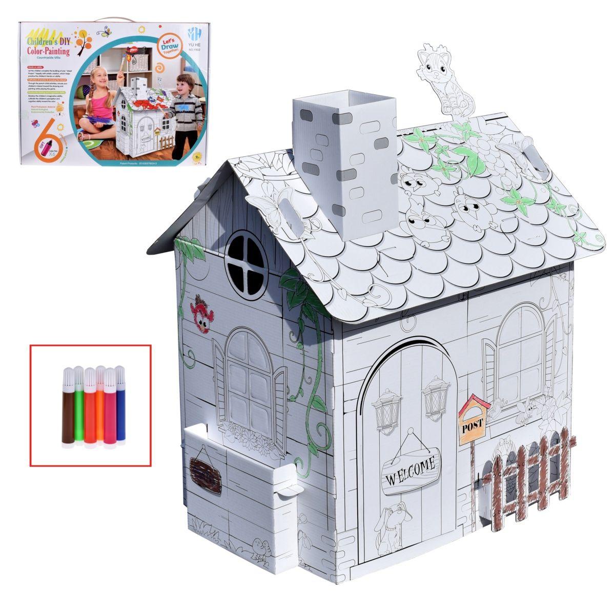 CASA DE CARTON ARMABLE DE 54X54X64 CMS PARA PINTAR CON 6 PLUMONES-1