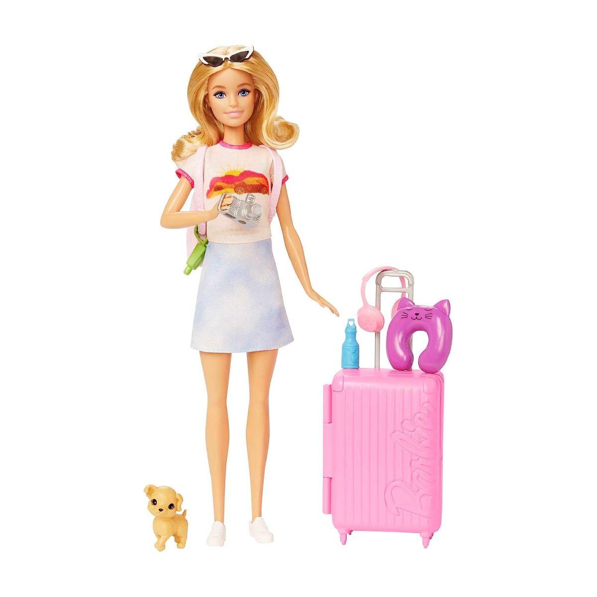 Muñeca Barbie viajera con accesorios de viaje y cachorro-3