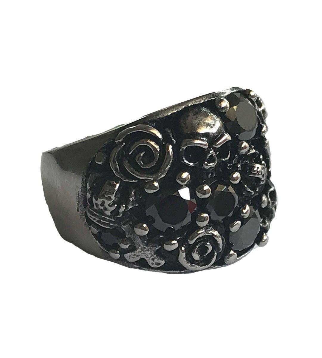 Anillo Acero con Cristales Rosas y Calaveras N° 13-2