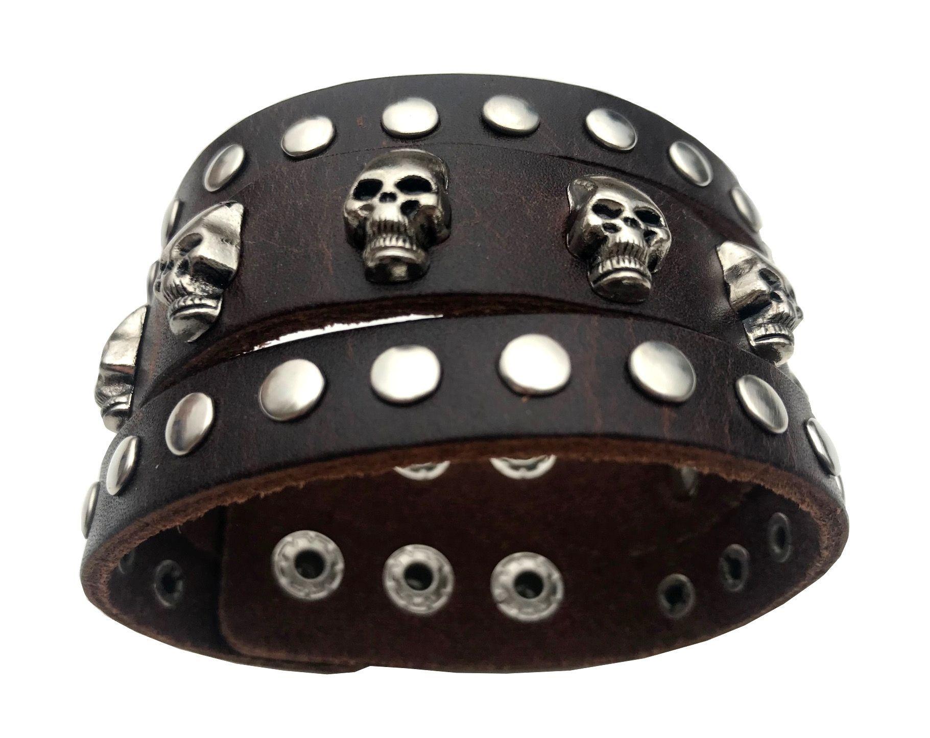 Pulsera Cuero Cafe Calaveras y tachas-2