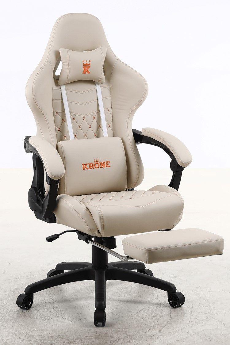 Silla Gamer Krone XL Reclinable + Masaje Lumbar + Apoyapiés - Blanca-3