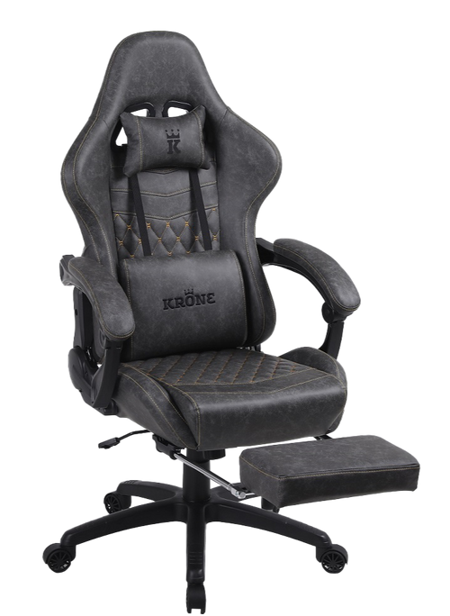 Silla Gamer Krone XL Reclinable + Masaje Lumbar + Apoyapiés - Gris-2