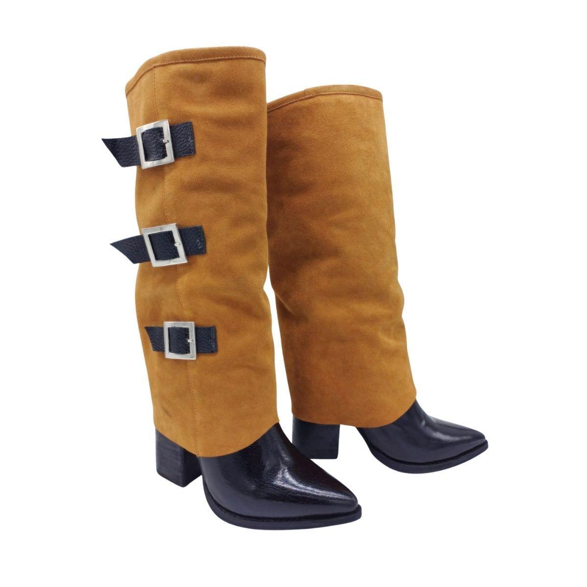 Bota Augusta Camel Negro Charol Pao Pecados-3