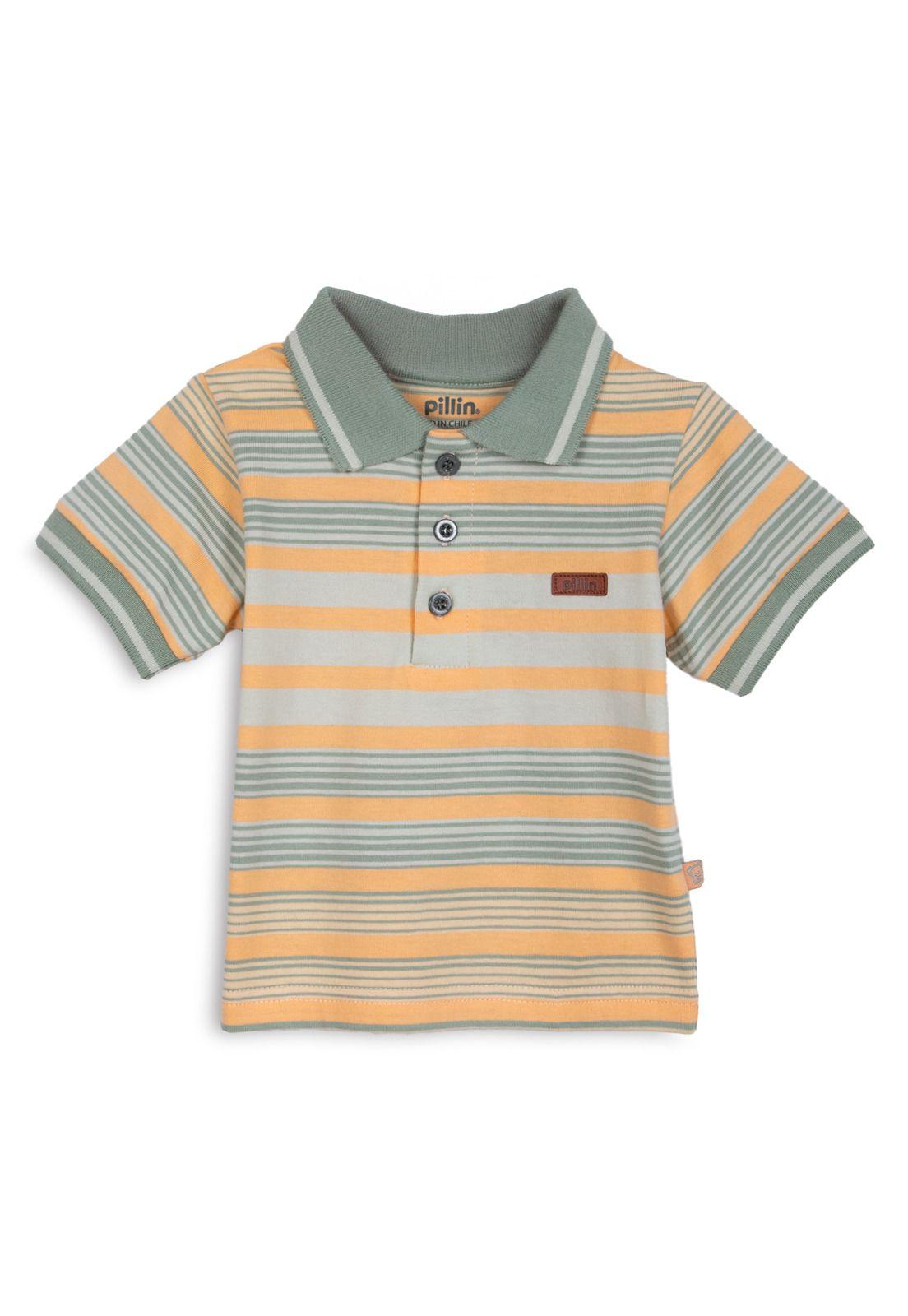 Polera Bebé Niño Manga Corta Rayas con Cuello Piqué Naranjo Pillin-0