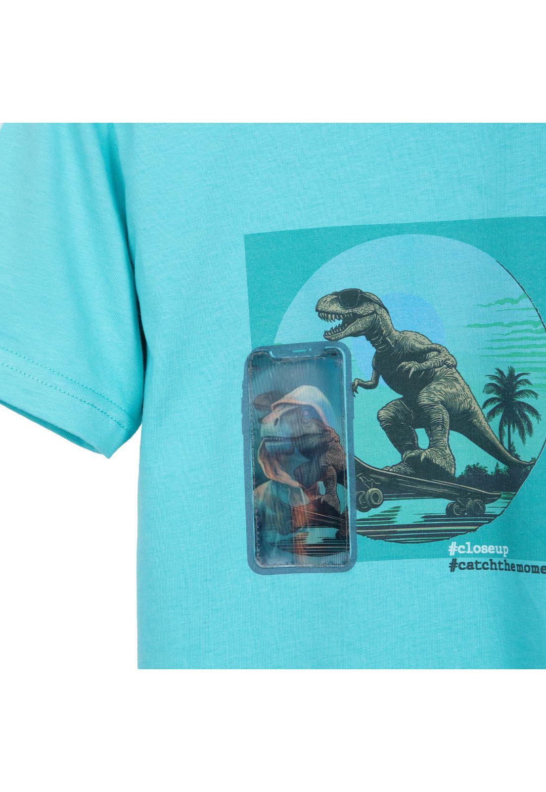 Polera Niño Manga Corta Estampado Dino Skate Turquesa Pillin-2
