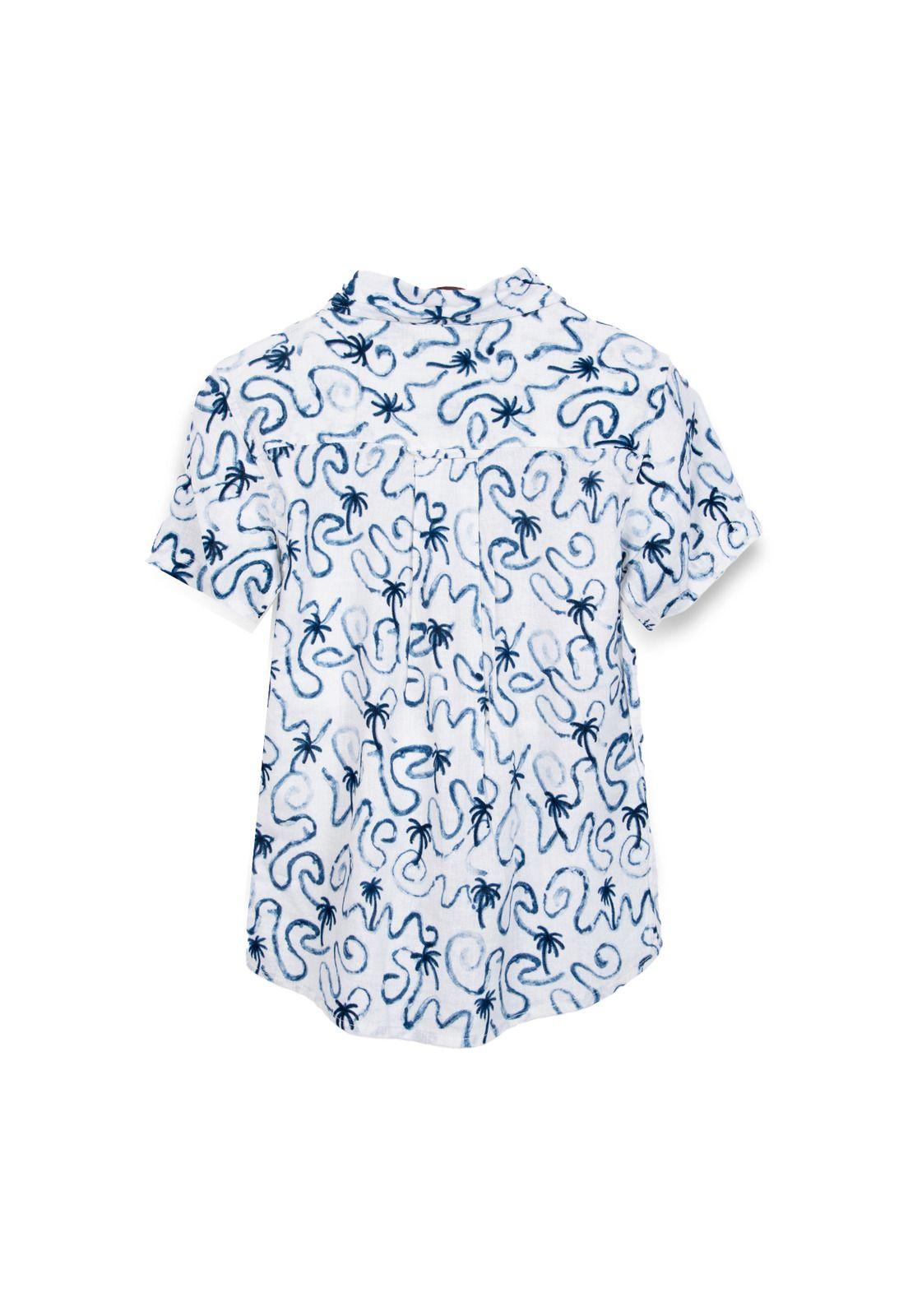 Camisa Niño Lino Manga Corta Estampado Palmeras Azul Pillin-1