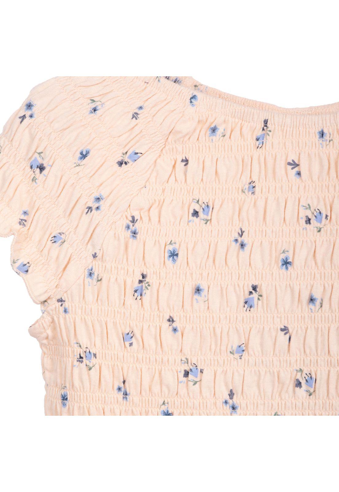 Polera Niña Manga Corta Panal Estampado Floral Damasco Pillin-2