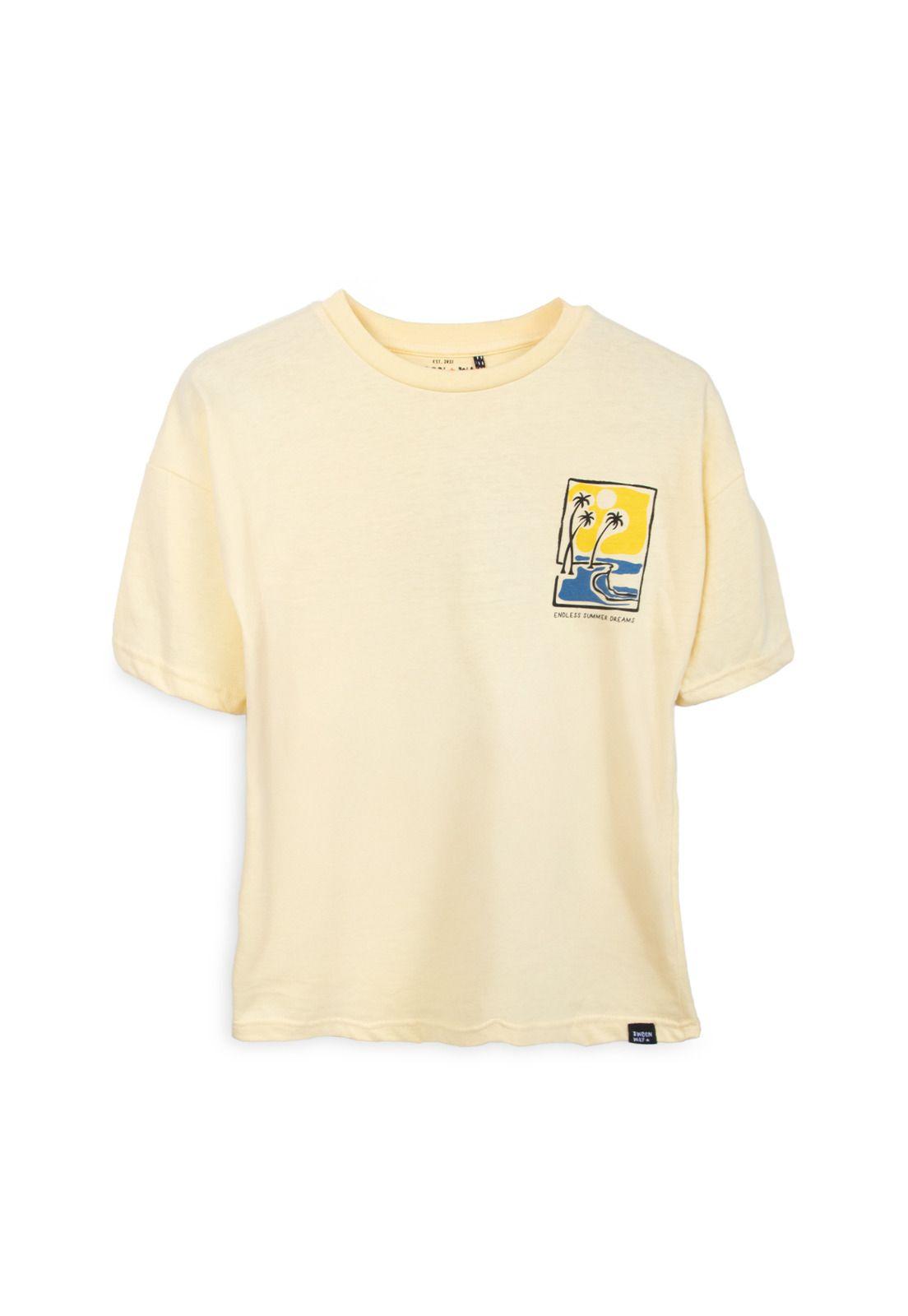 Polera Niño Manga Corta Estampado Playero Espalda Amarillo Pillin-0