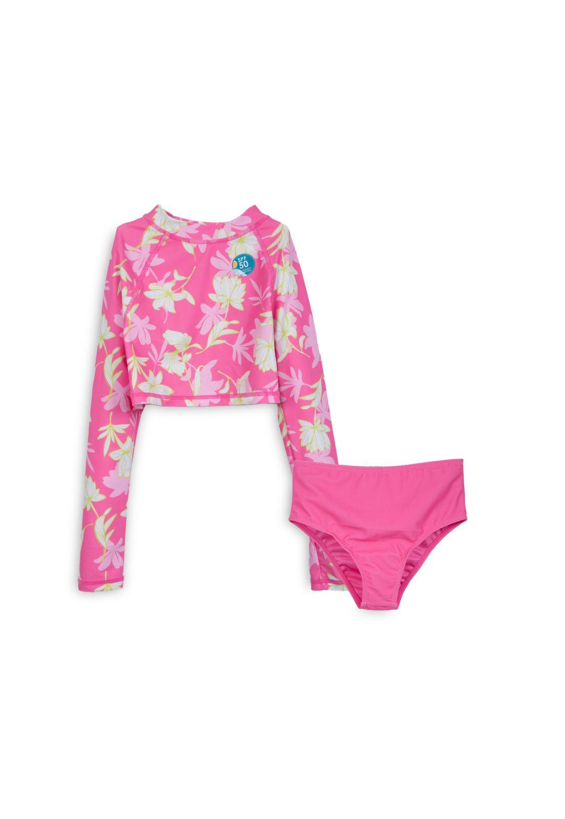 Traje de Baño Niña 2 Piezas Manga Larga Floral Fucsia Pillin-0