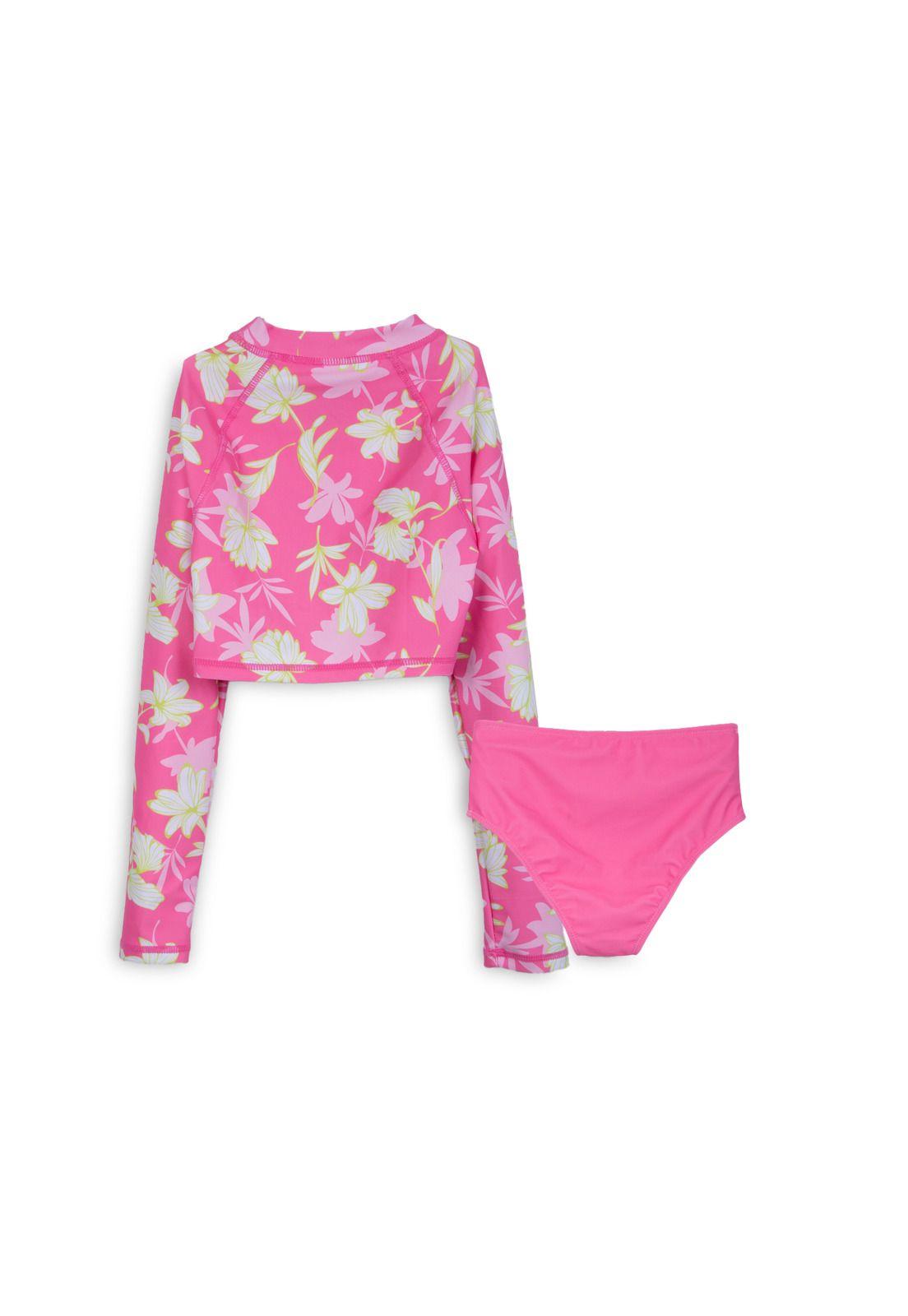 Traje de Baño Niña 2 Piezas Manga Larga Floral Fucsia Pillin-1