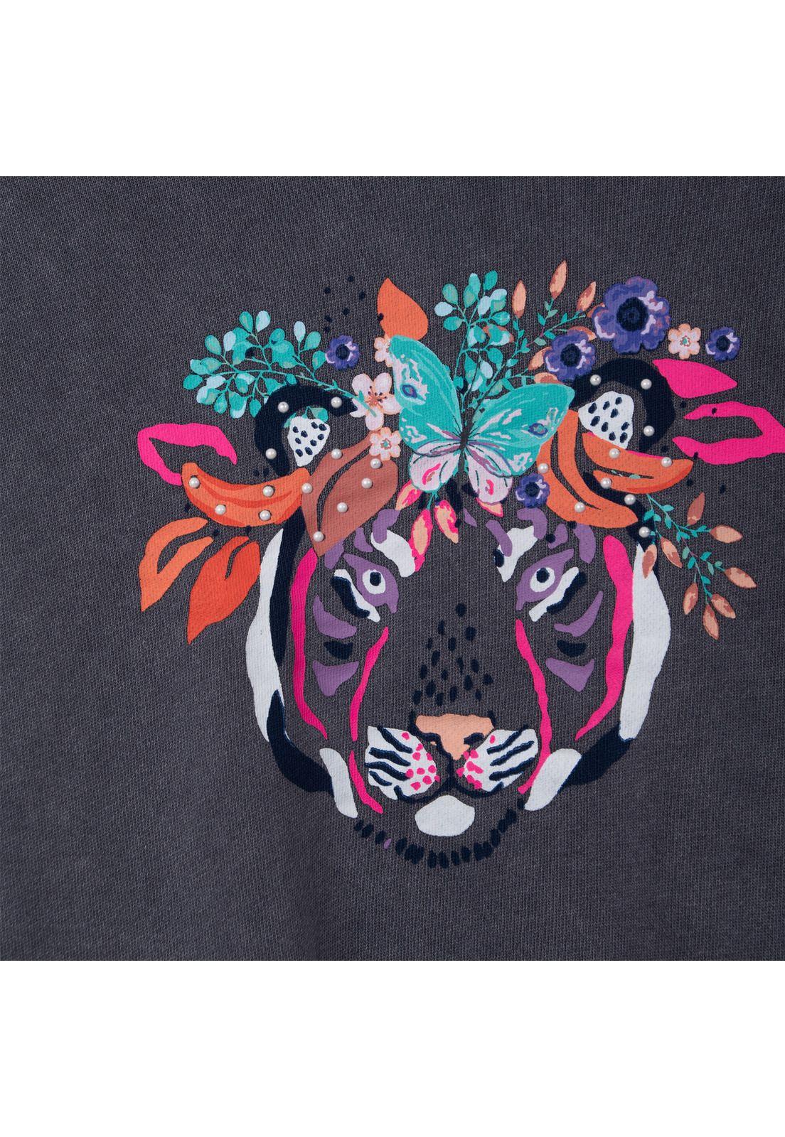 Polerón Niña Capucha Estampado Tigre Marengo-2