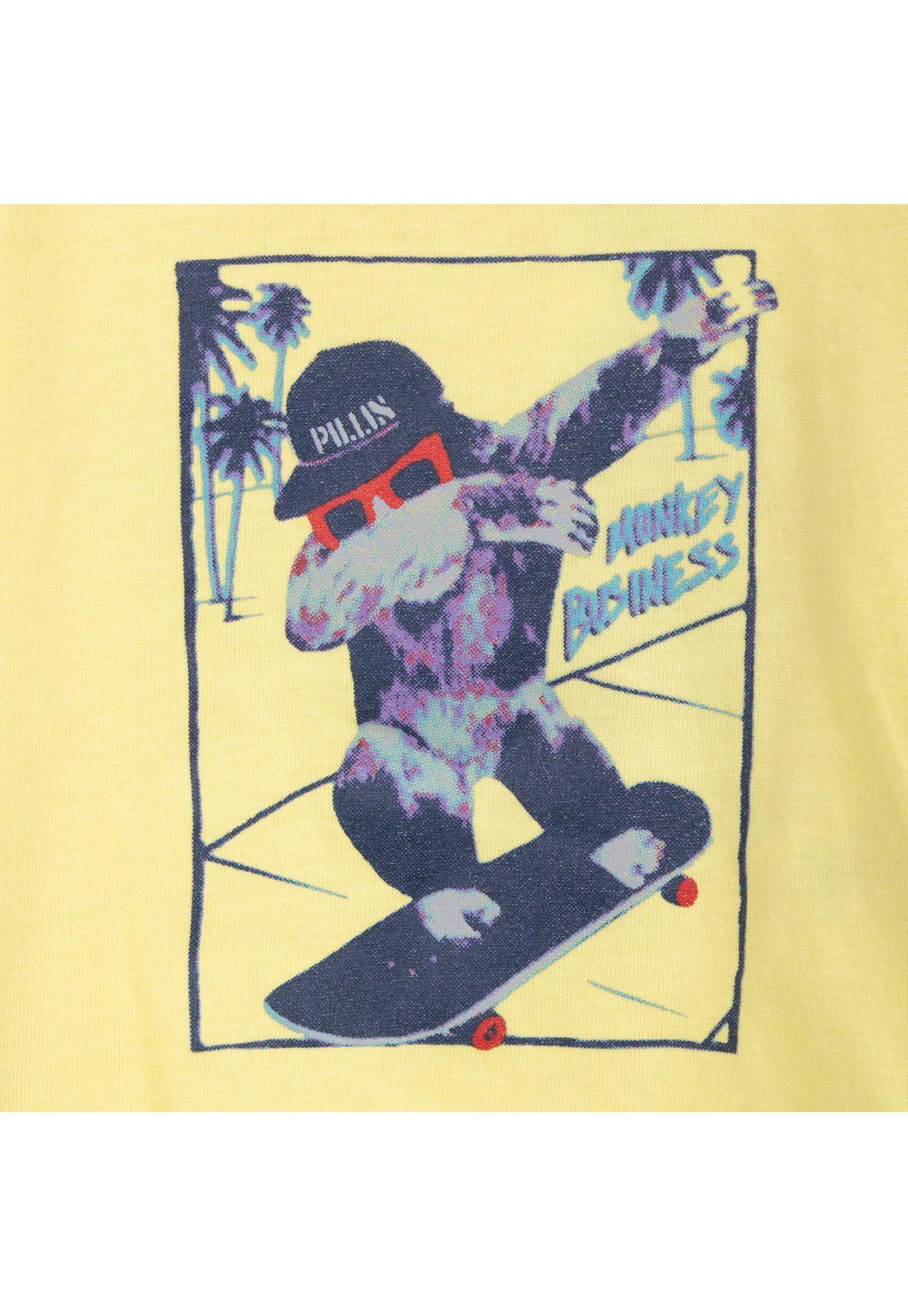 Polera Bebé Niño Manga Corta Estampado Mono Skater Amarillo Pillin-2