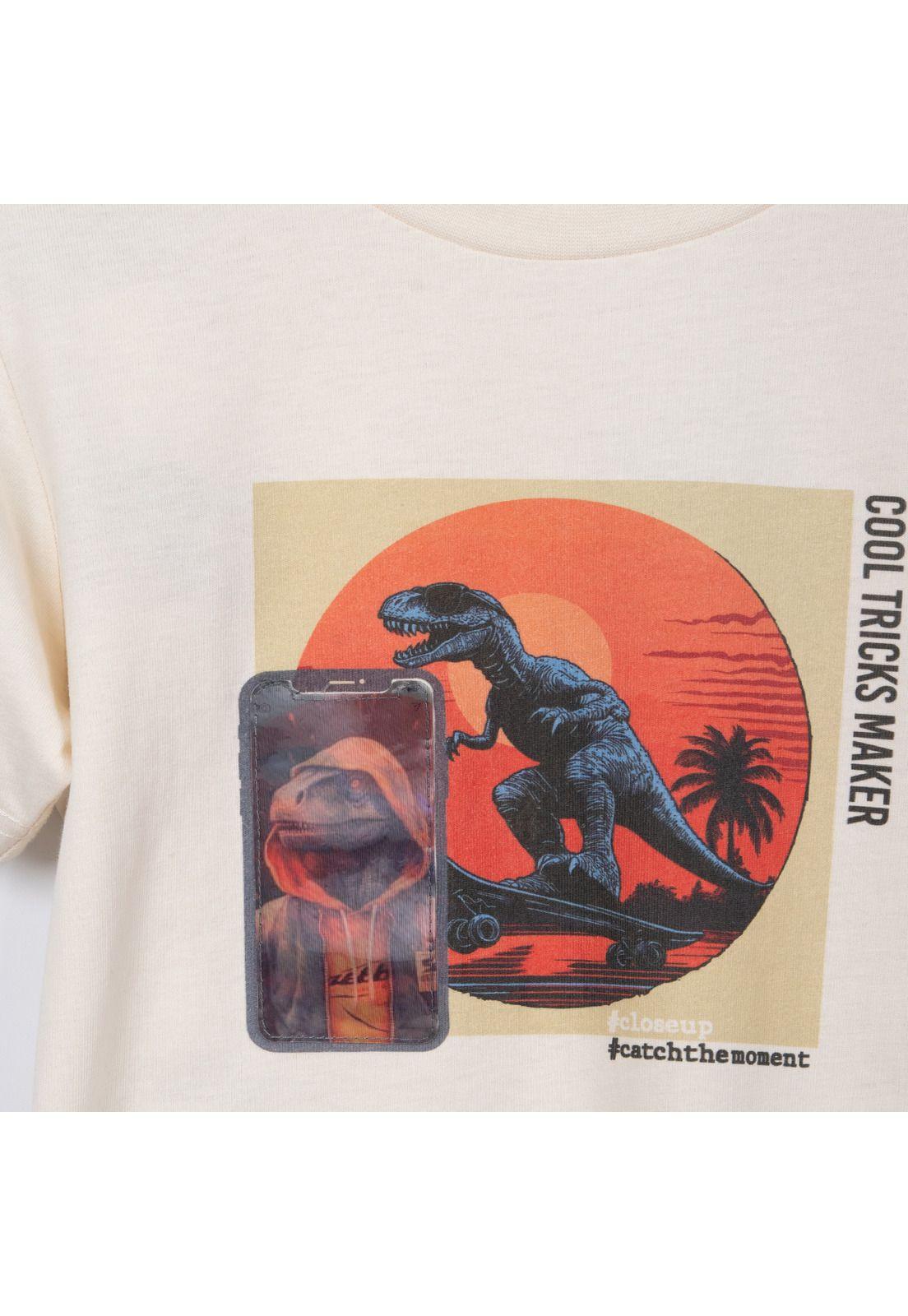 Polera Niño Manga Corta Estampado Dino Skate Beige Pillin-2