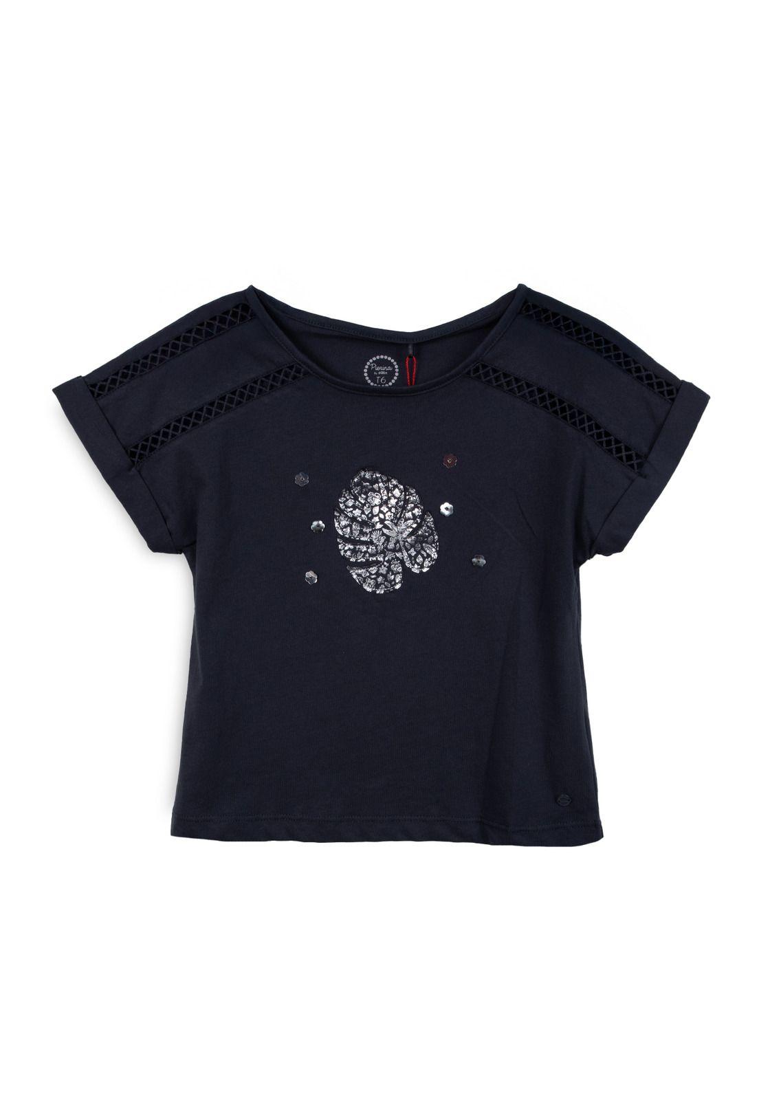Polera Niña Manga Corta Estampado Hoja Marengo Pillin-0