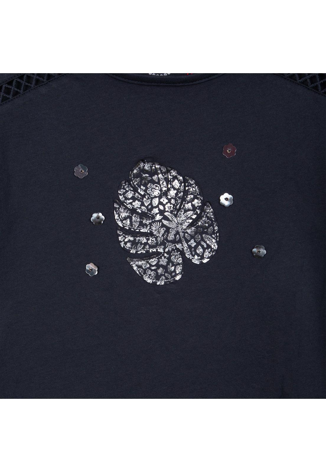 Polera Niña Manga Corta Estampado Hoja Marengo Pillin-2