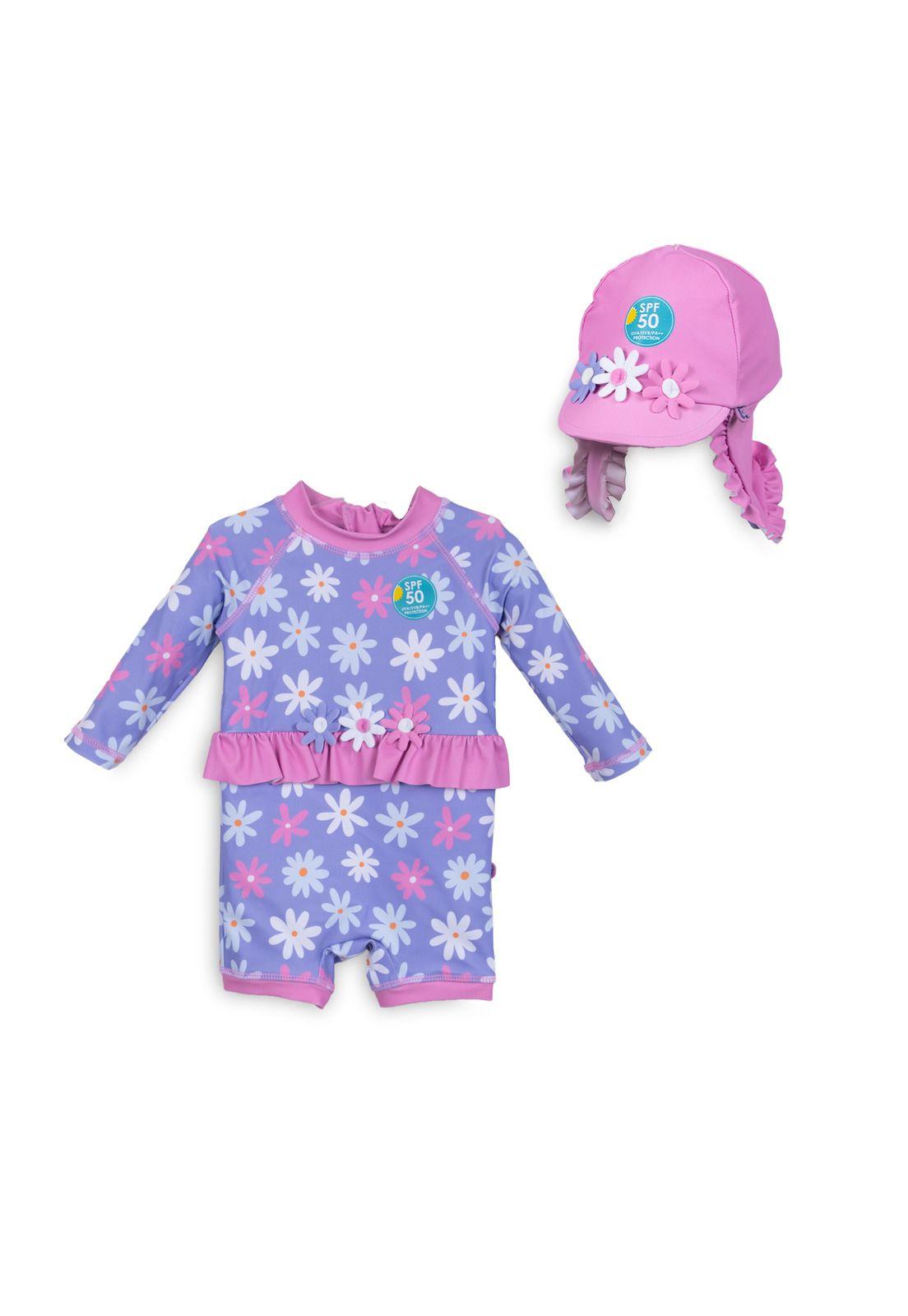 Set Traje de Baño y Gorro Bebé Niña Protección UV Lavanda Pillin-0