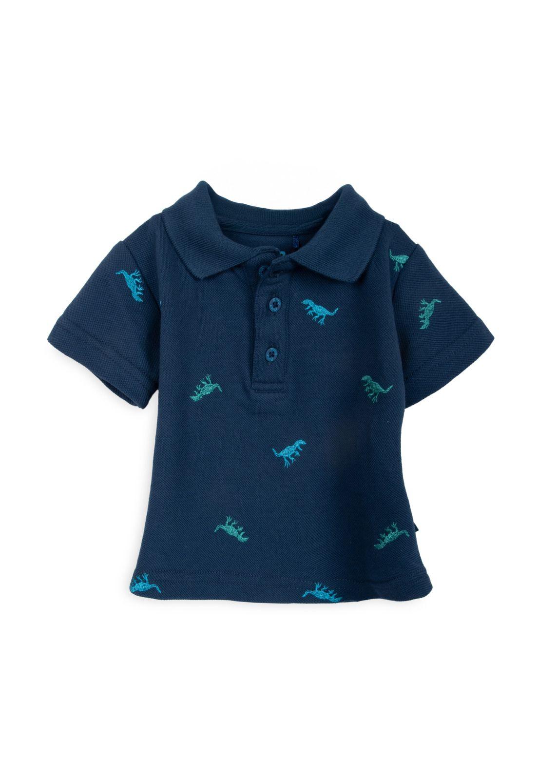 Polera Bebé Niño Cuello Piqué Bordado Dino Azul Marino Pillin-0