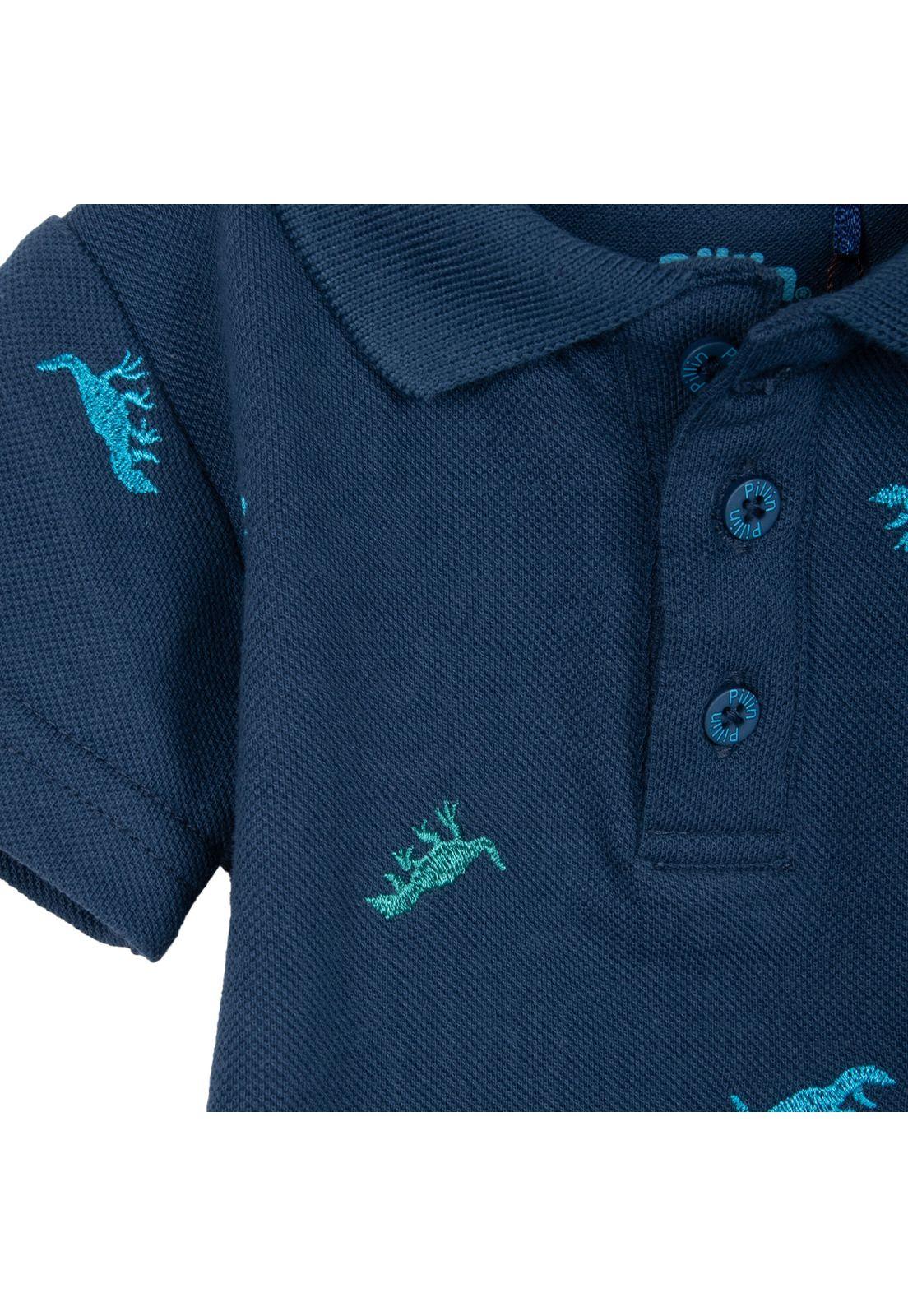 Polera Bebé Niño Cuello Piqué Bordado Dino Azul Marino Pillin-2