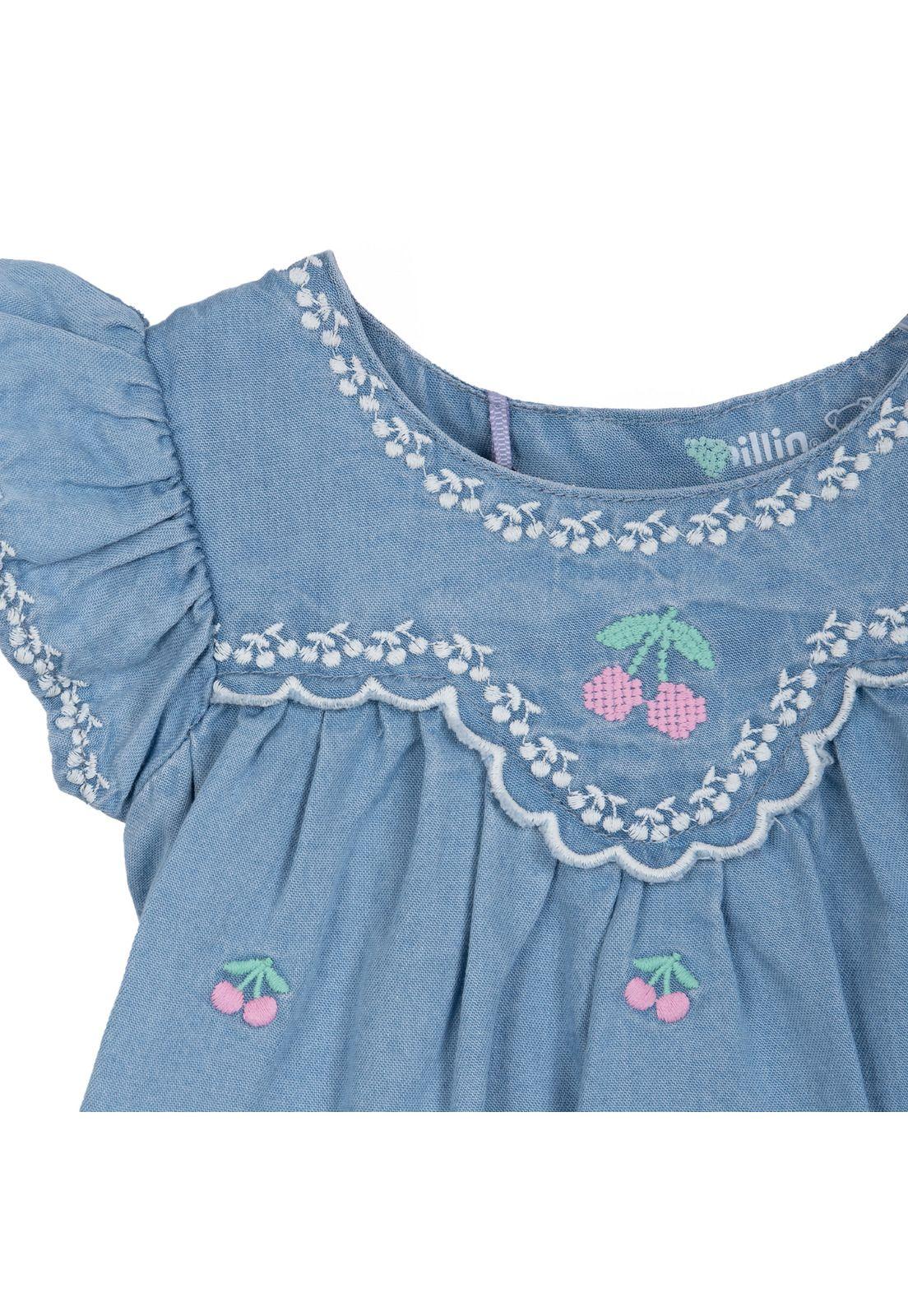 Vestido Bebé Niña Bordado Cerezas Denim Pillin-2