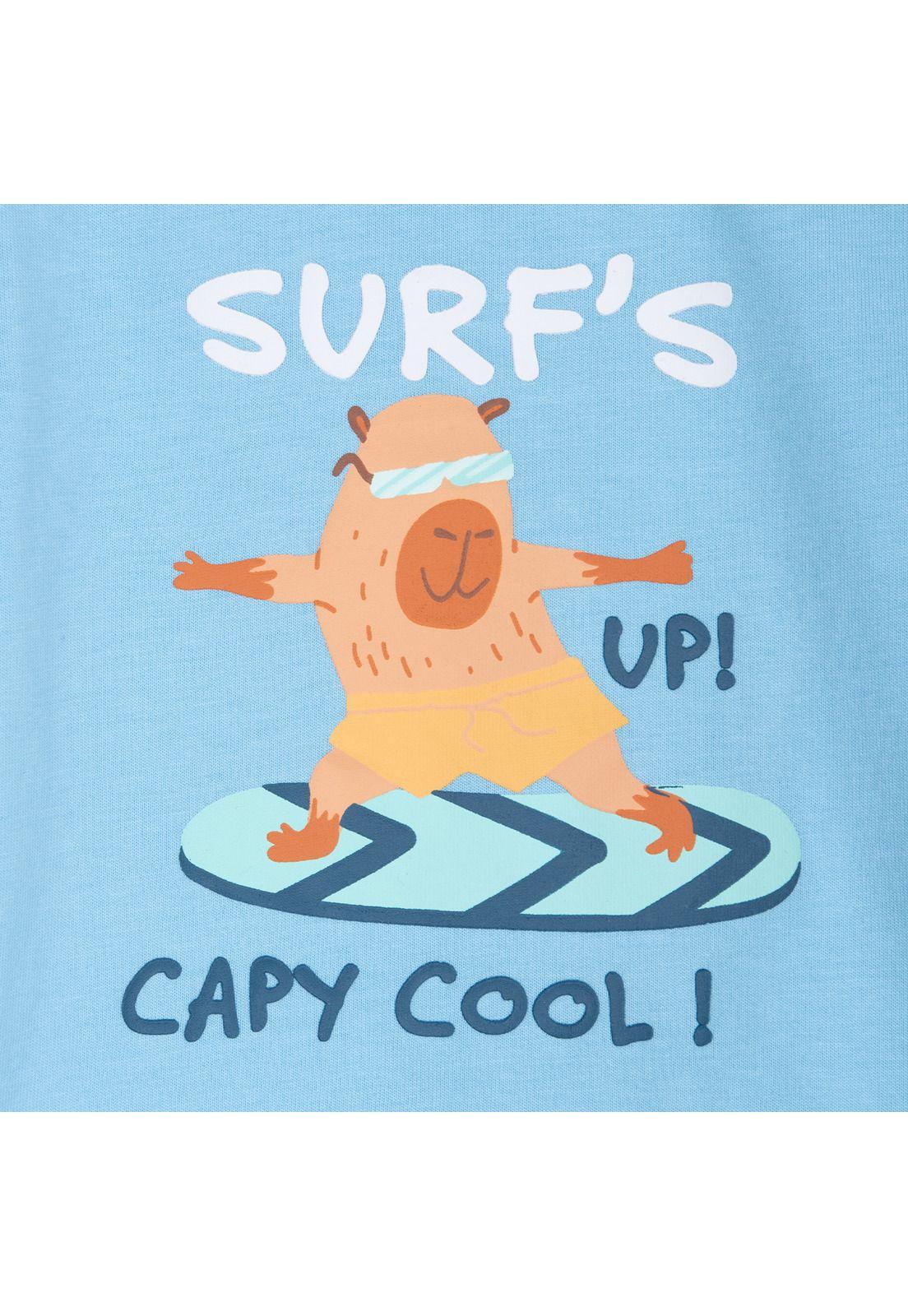 Polera Bebé Niño Manga Corta Estampado Capibara Surf Celeste Pillin-2
