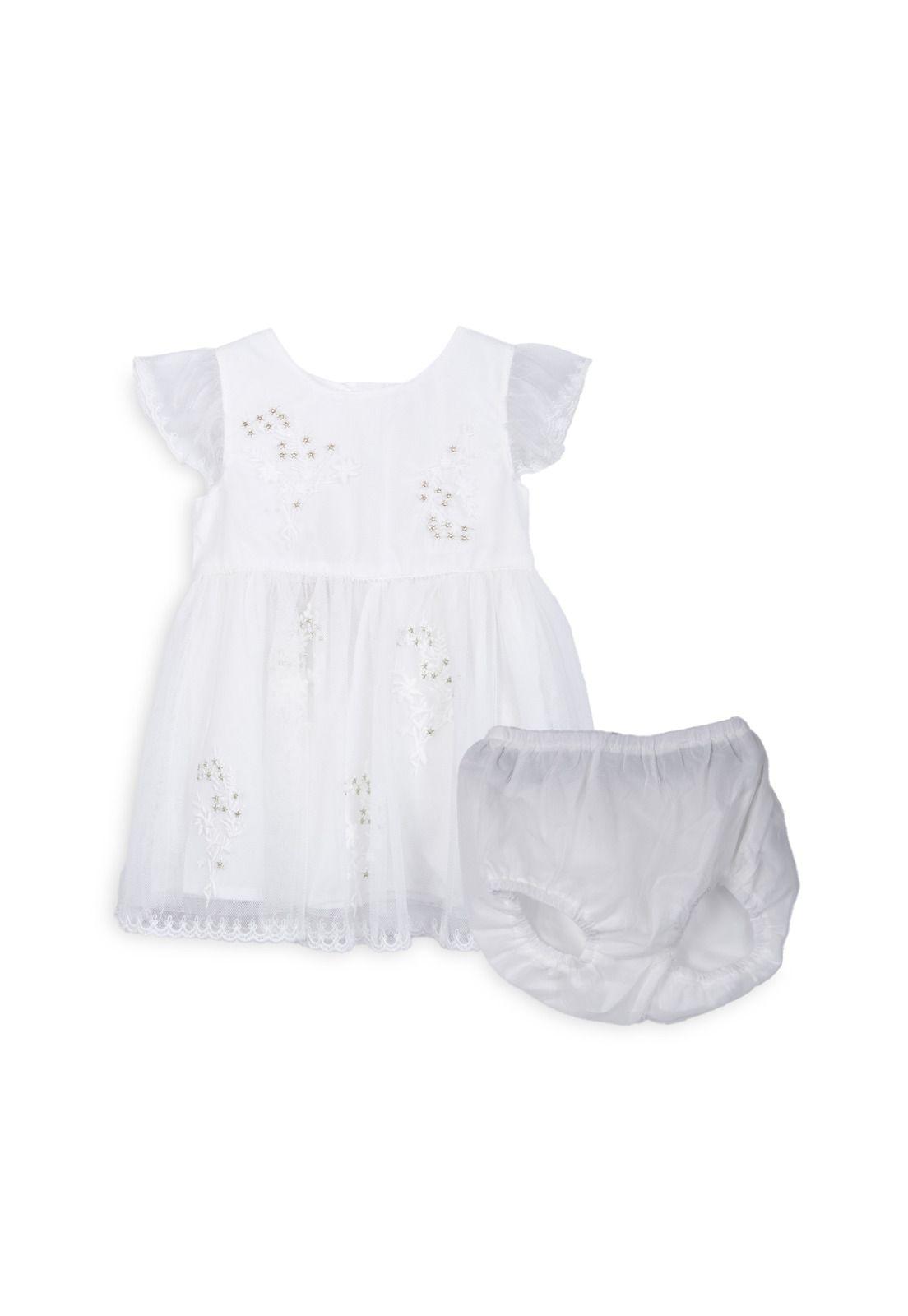 Vestido Bebé Niña Tul Bordado Brillos Blanco Pillin-0