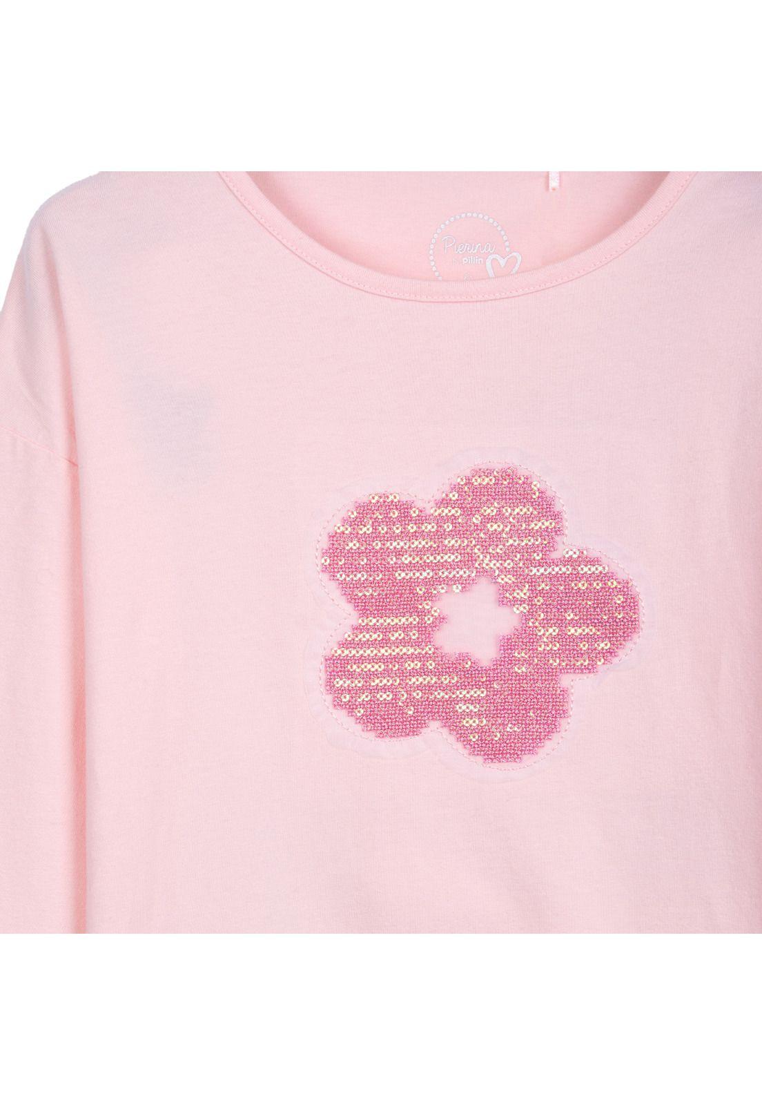 Polera Niña Manga Larga Flor Brillos Rosado Pillin-2