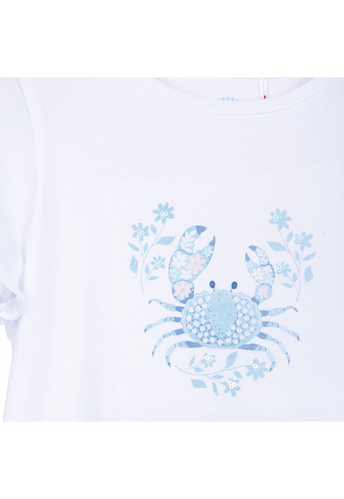 Polera Niña Manga Corta Lentejuelas Cangrejo Blanco Pillin-2